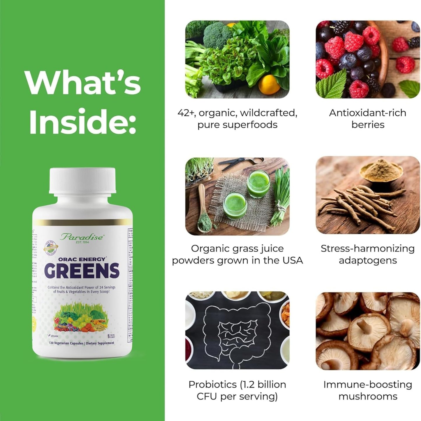 Paradise Herbs, ORAC Energy, Superfood Capsules, Includes Over 42 Organic & Wild-Crafted Ingredients, Probiotics & Enzymes, 120