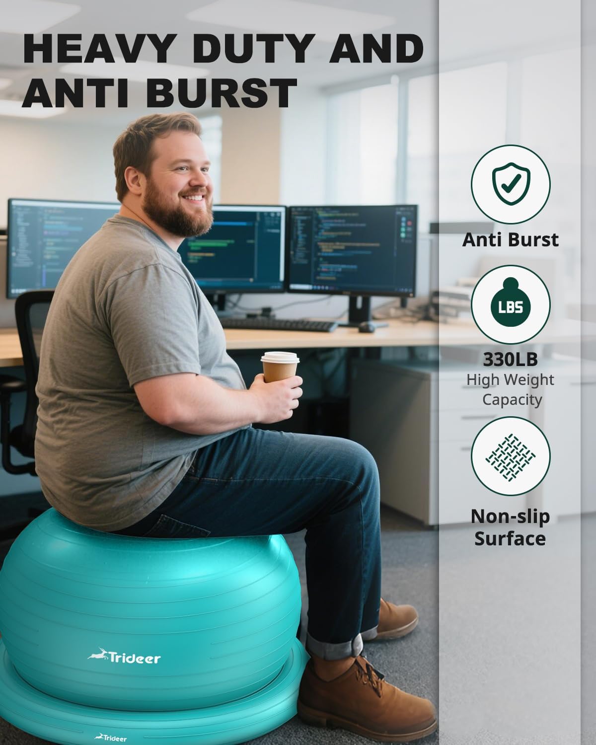 Trideer Exercise Yoga Ball Chair with Base for Home Office Desk, Stability & Fitness Ball Seat to Relieve Back Pain, Home Gym Workout for Abs, Pregnancy Ball with Pump