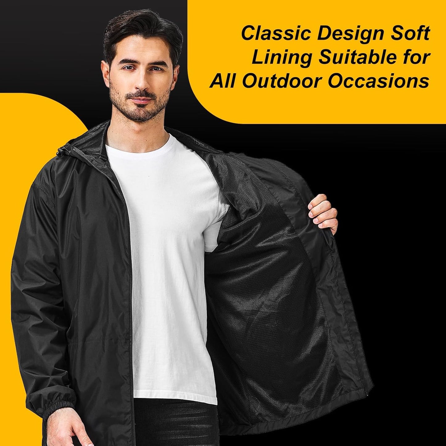 Men's Packable Rain Jacket Waterproof Outdoor Classic Lightweight Raincoat Hooded Windbreaker