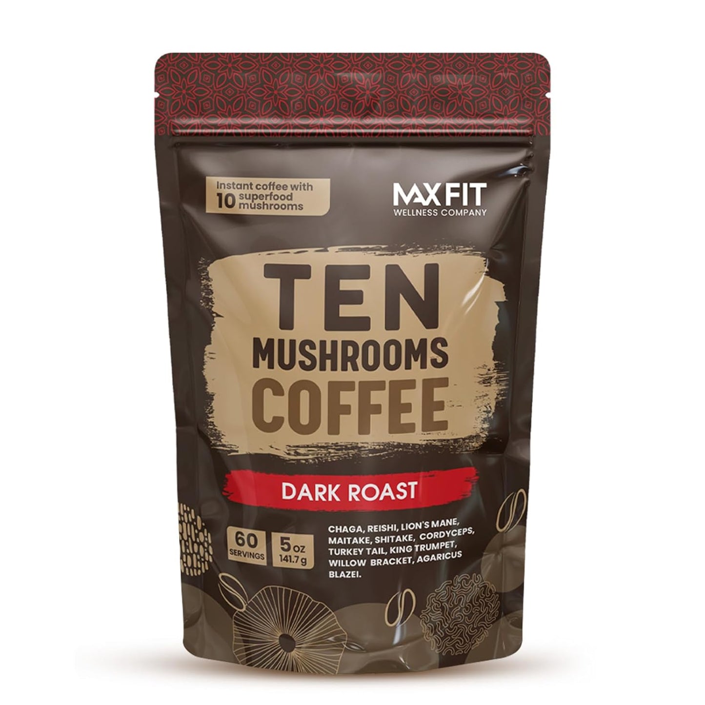 Instant Mushroom Coffee Dark Roast (60 Servings) With 10 Mushrooms (Lions Mane, Cordyceps, Turkey Tail & Other) Mixed With Gourmet 100% Arabica Instant Coffee for Focus & Gut Health Support