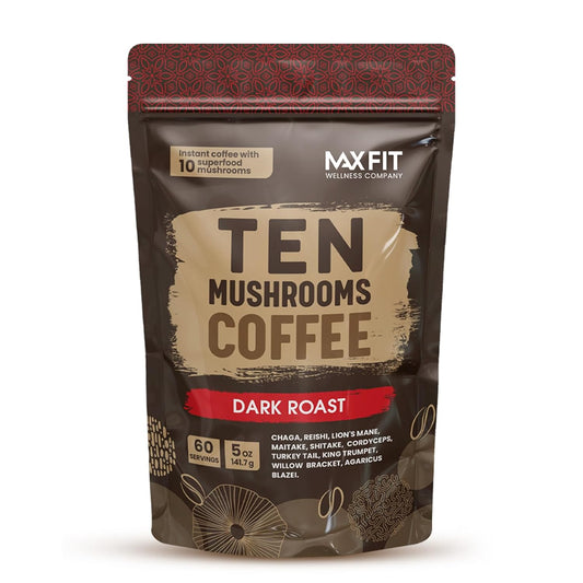 Instant Mushroom Coffee Dark Roast (60 Servings) With 10 Mushrooms (Lions Mane, Cordyceps, Turkey Tail & Other) Mixed With Gourmet 100% Arabica Instant Coffee for Focus & Gut Health Support