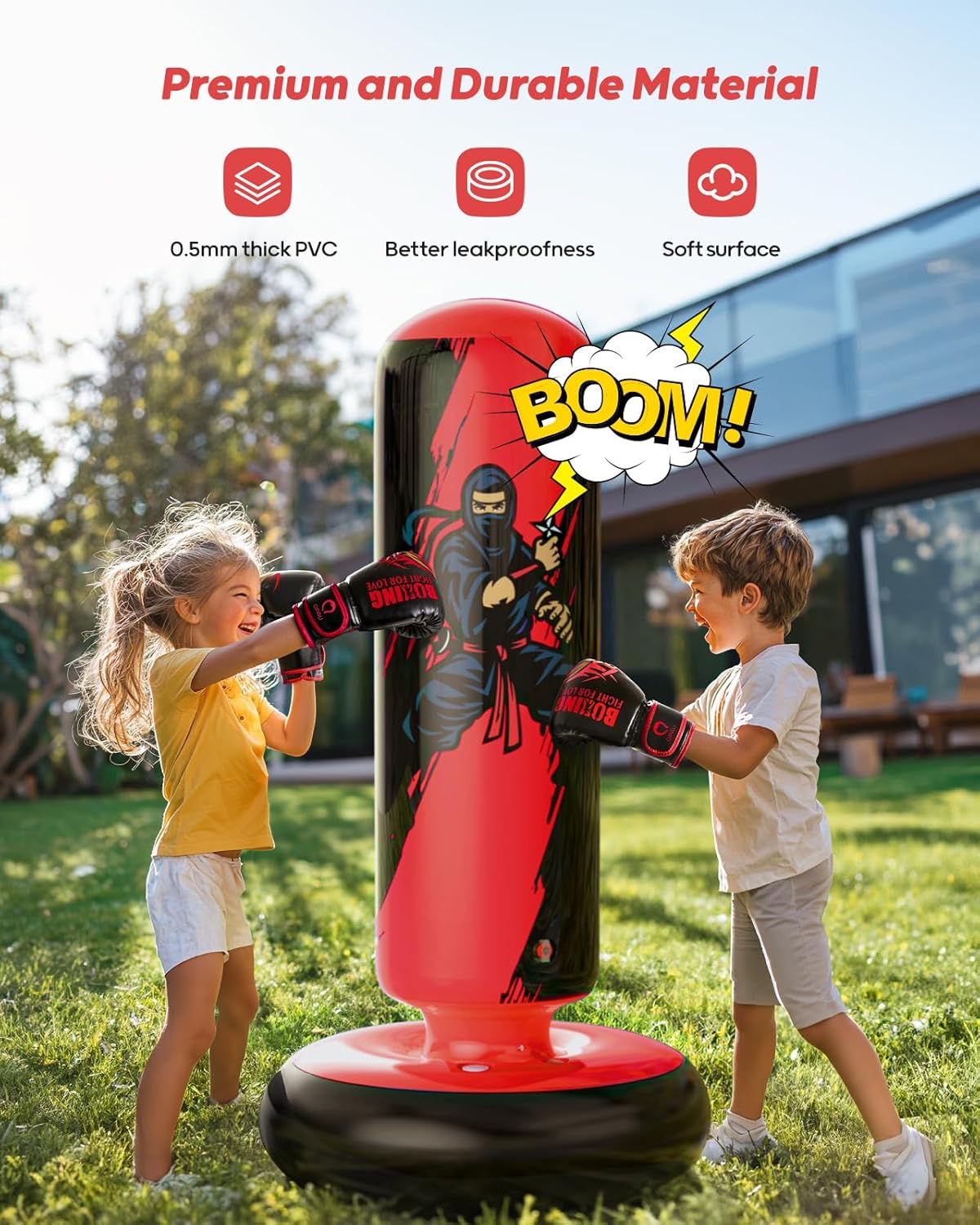 QPAU Punching Bag for Kids, 66 Inch Stable Inflatable Boxing Bag with Boxing Gloves, Stand Kids Punching Bag Toy for Boys & Girls Age 6-12, Boxing Set for Practicing Karate, Taekwondo, MMA