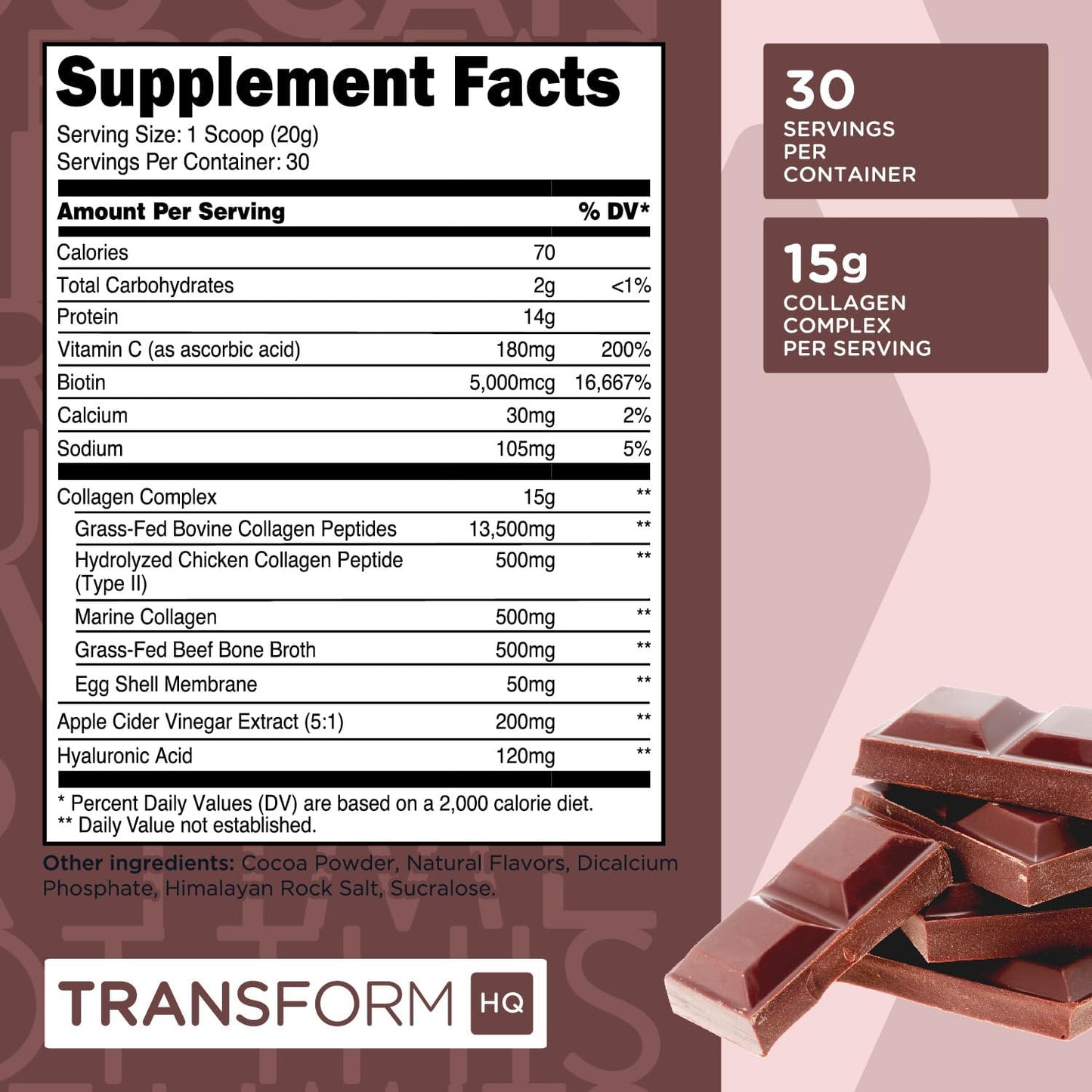 TransformHQ Beauty Collagen (30 Servings) Chocolate - Hair, Skin, & Nails Formula