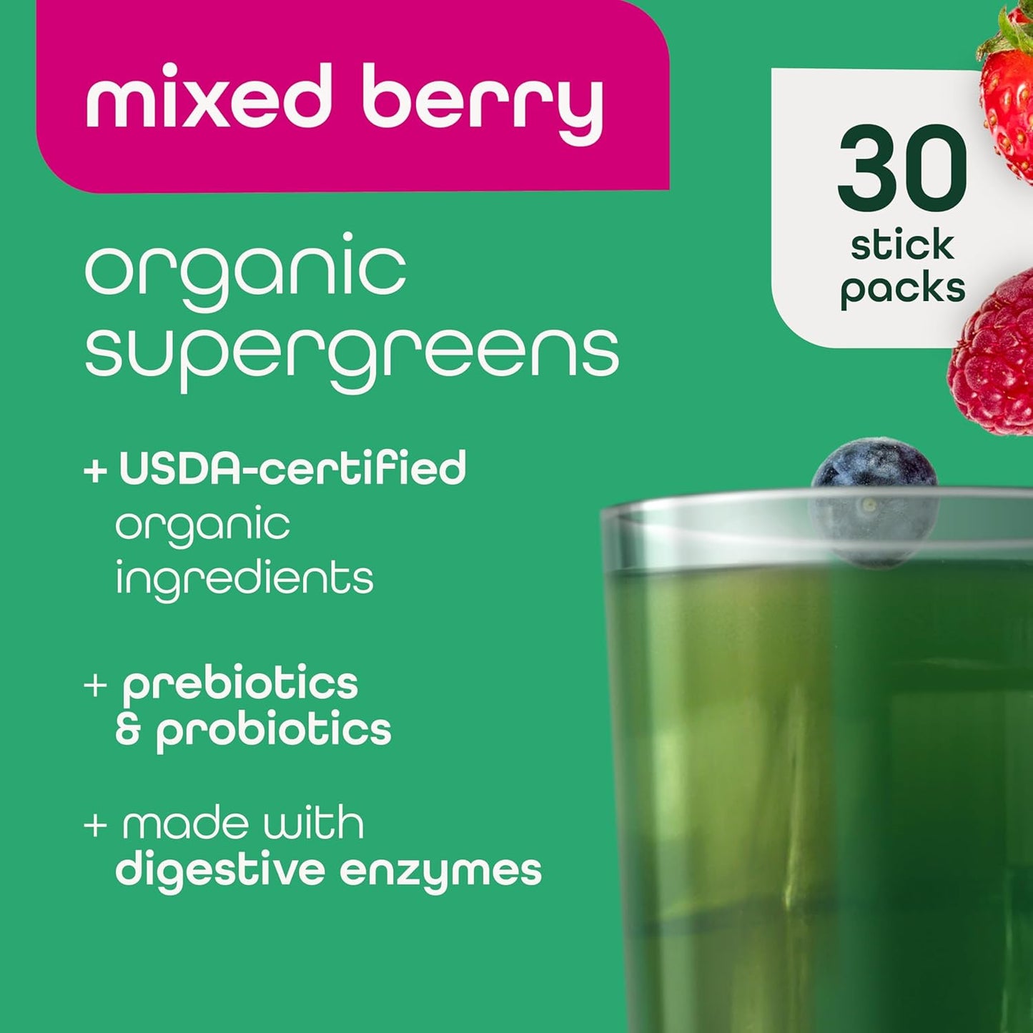 Zena Nutrition Organic Super Greens Powder, 70+ Superfoods, 0 Sugar, 3G Fiber, Spirulina, Chlorella, Antioxidants, Prebiotics/Probiotics, Digestive Enzymes, Mixed Berry, 30 Drink Mix Packets