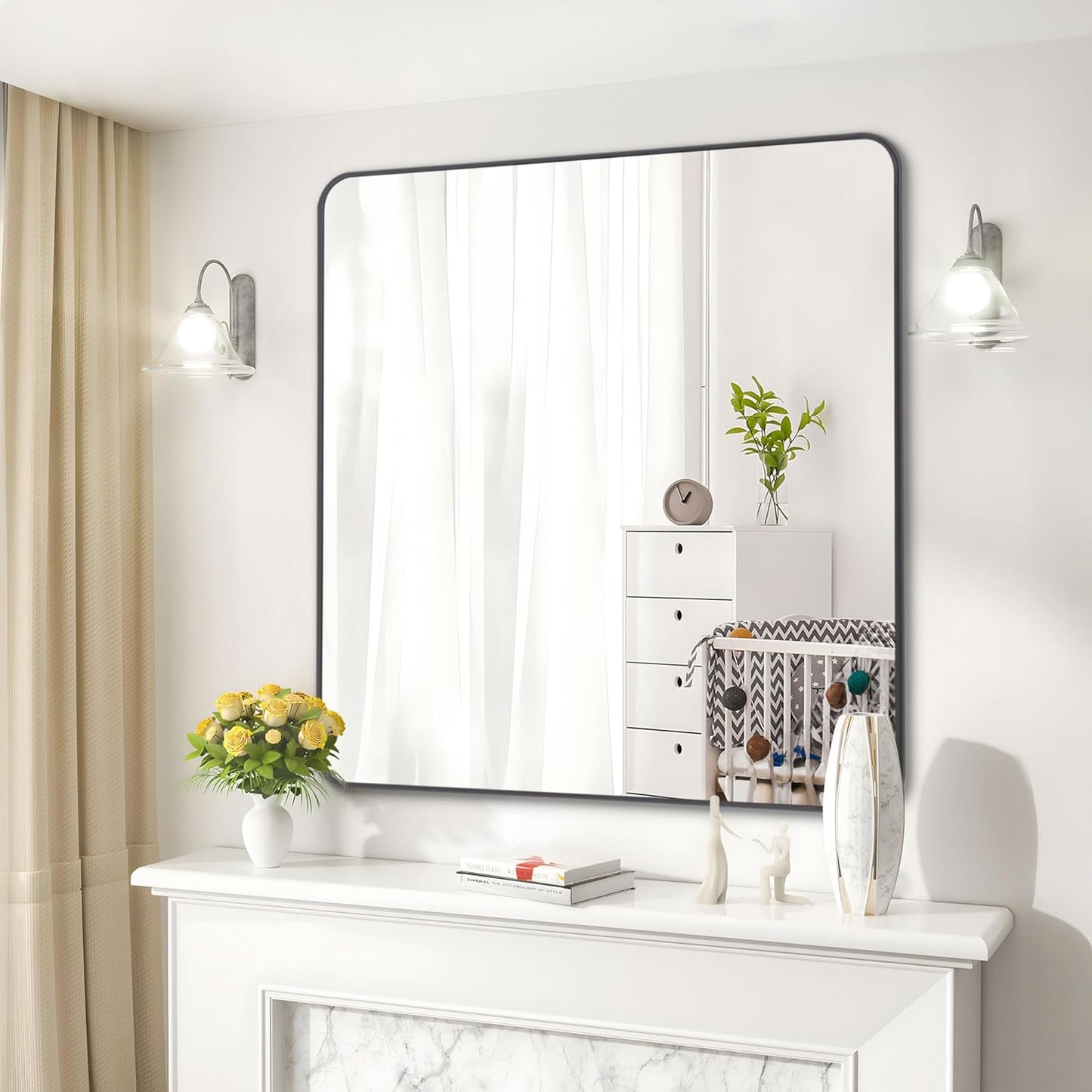 36" x 36"Bathroom Mirror, Matte Black Wall Mirror with Metal Frame, Decorative Rectangular Vanity Mirror for Bedroom Bathroom Living Room Entryway (Horizontal/Vertical)