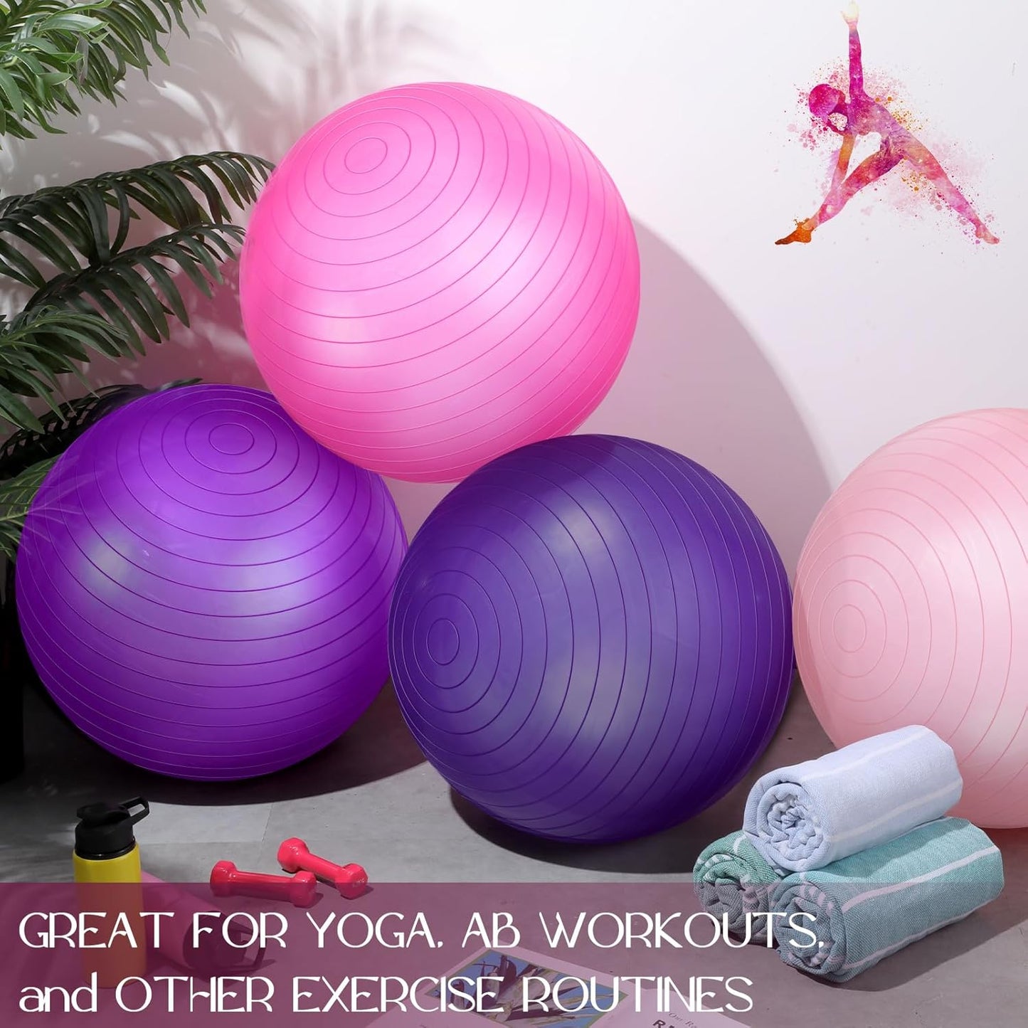 Leyndo 4 Pcs 26 Inch Yoga Exercise Ball Pilates Pregnancy Birthing Fitness Ball with Quick Pump Anti Burst for Improved Posture, Balance, Yoga, Pilates, Training