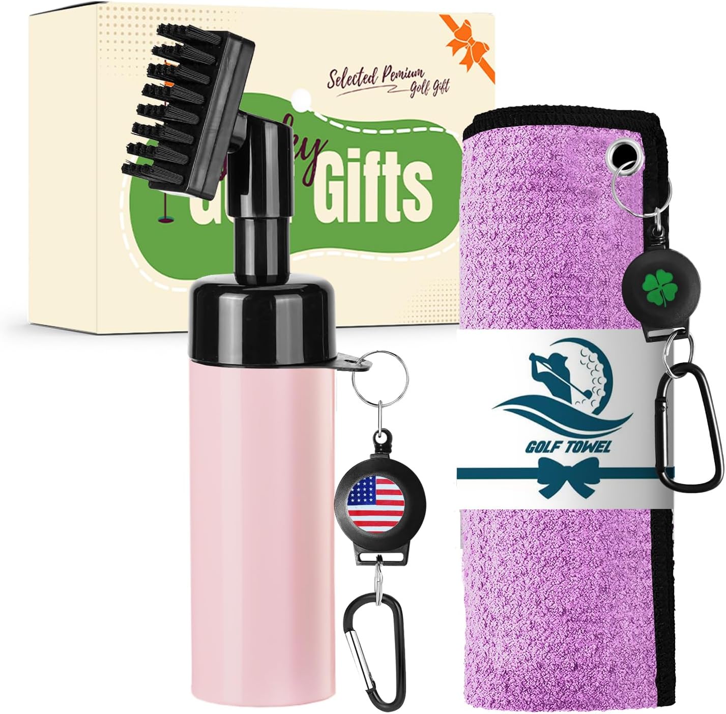 Golf Club Clean Brush Towel Value Set with Strong Magnetic Retractable Carabiner, Squeeze Water Bottle Microfiber Absorbent Towel for Golf Bags Accessory Iron Care Men Women