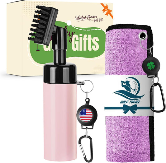 Golf Club Clean Brush Towel Value Set with Strong Magnetic Retractable Carabiner, Squeeze Water Bottle Microfiber Absorbent Towel for Golf Bags Accessory Iron Care Men Women