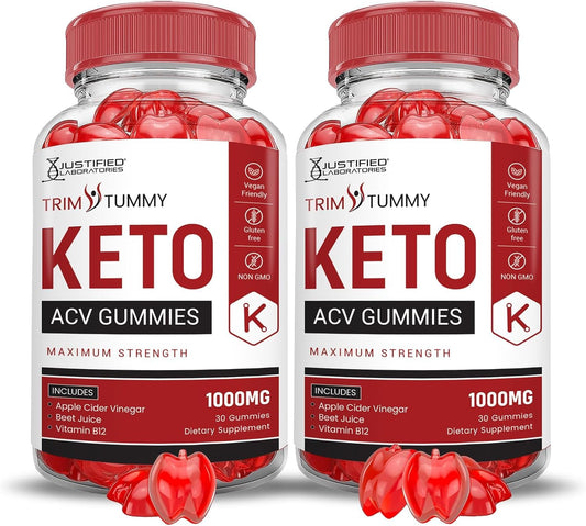Justified Laboratories (2 Pack Trim Tummy Keto ACV Apple Cider Vinegar Formulated with Pomegranate Beet Juice Powder B12 Vegan Non GMO 120 Gummies