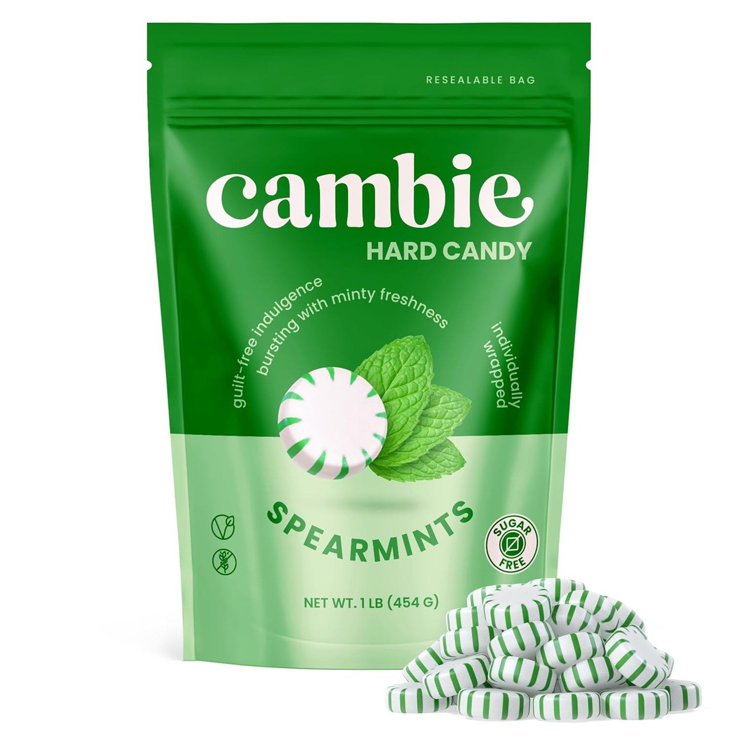 Cambie Sugar Free Mints, 1 lb of Sugar Free Hard Candy, Spearmints Individually Wrapped with a Refreshing & Sweet Spearmint Flavor, Packaged Fresh in a Resealable Pouch