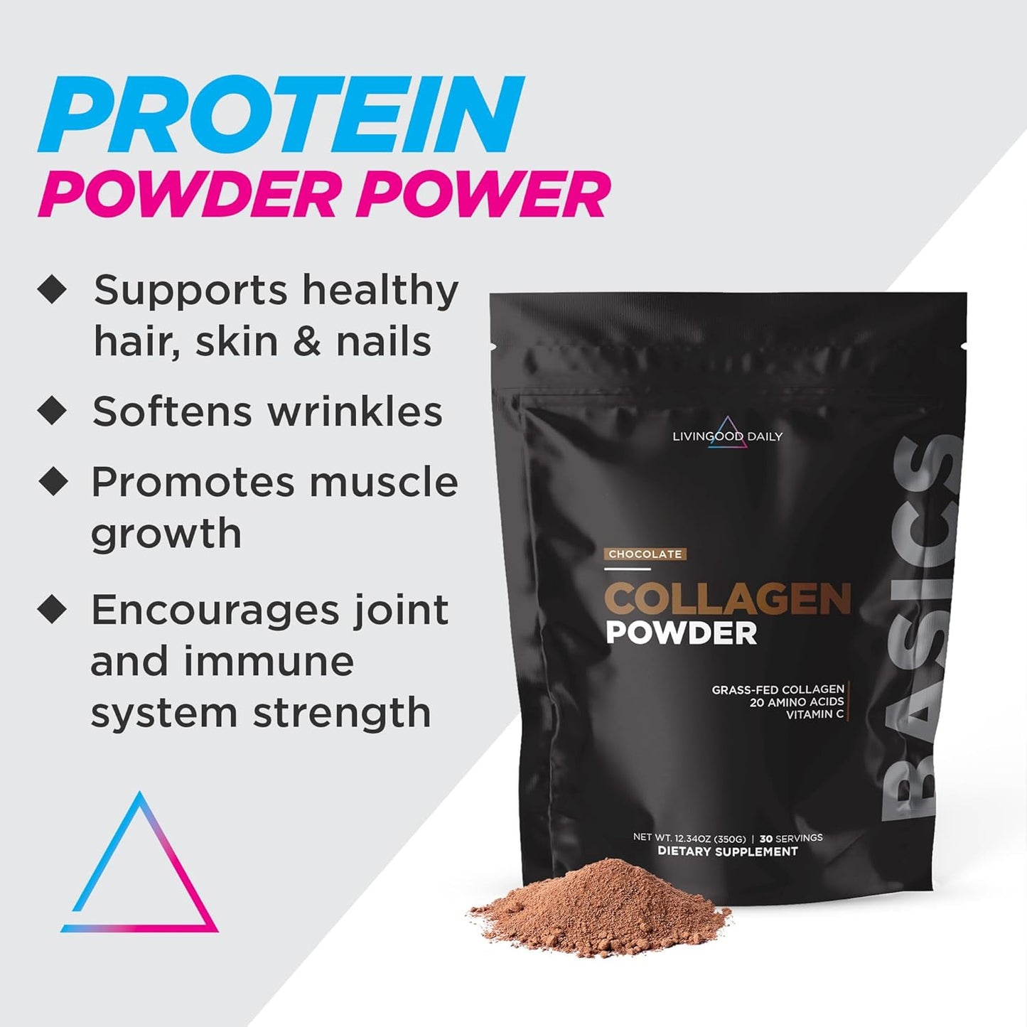 Livingood Daily Chocolate Collagen Powder for Women & Men, Hydrolyzed Collagen Peptides Powder with Vitamin C, Protein with 20 Amino Acids, Type I & III, Grass Fed, Keto, Paleo, Gluten Free, 30 Srvgs