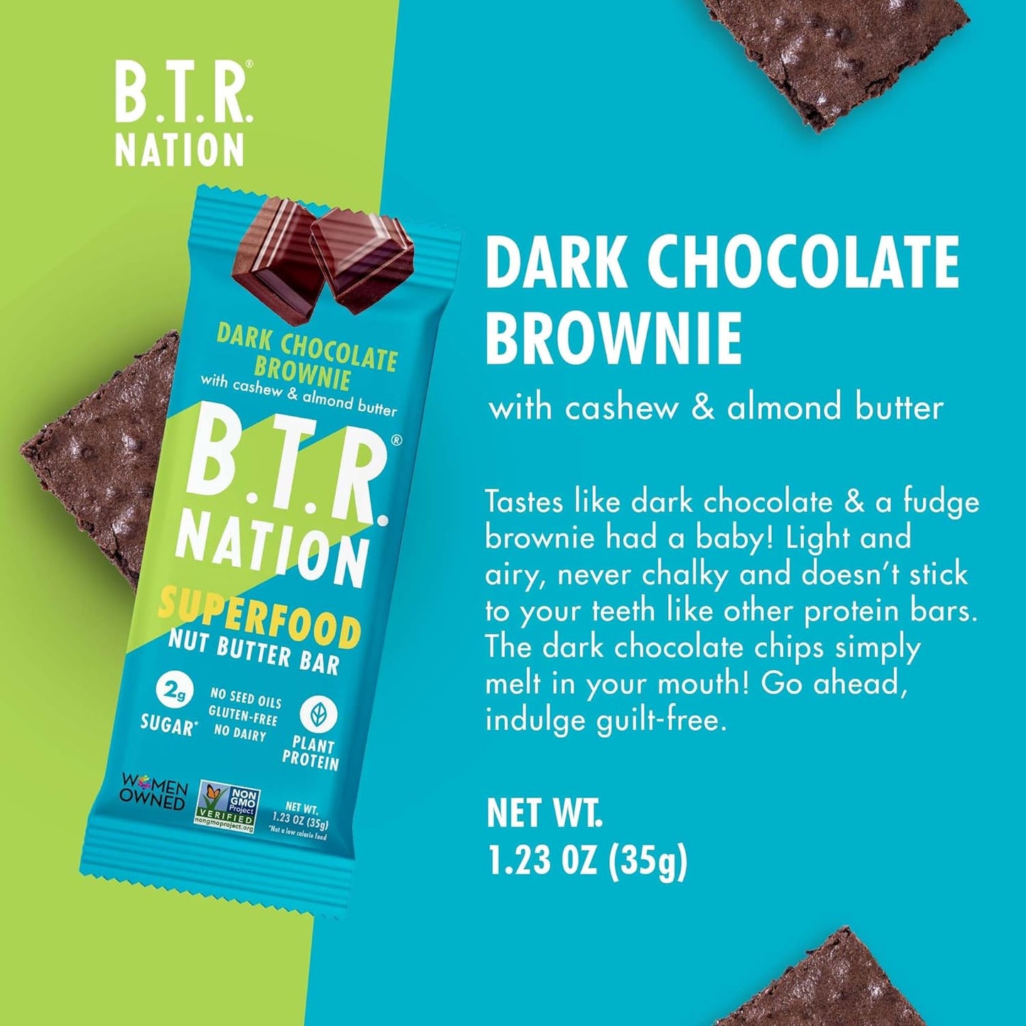 B.T.R Nation Keto Superfood Protein Bars, Plant Based Vegan - Brownie RECHARGE | 12 Bars | Low Carb and Gluten Free, Free of Sugar Alcohols and Boosted with Powerful Superfoods