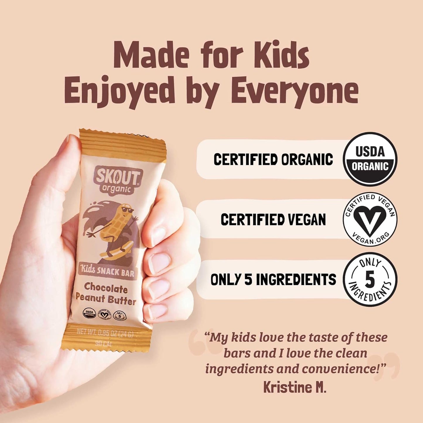 Skout Organic Chocolate Peanut Butter Kids Snack Bars (18 Pack) | Organic Kids Snack Bars | School Snacks & Lunch Snacks | No Refined Sugar | Vegan & Paleo | Gluten, Dairy, Grain Free