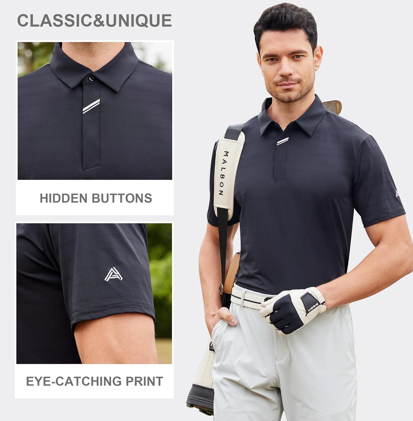 Esabel.C Jacquard Golf Shirts for Men Moisture Wicking Short Sleeve Performance Dry Fit Active Mens Polo Shirts