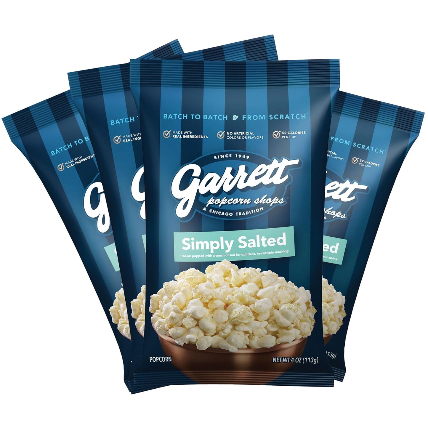 Garrett Popcorn Simply Salted, 4.0oz, 4 Bags, Light Salty Snack, Vegan, Gluten Free, Only 3 Ingredients, Popped Popcorn Bags