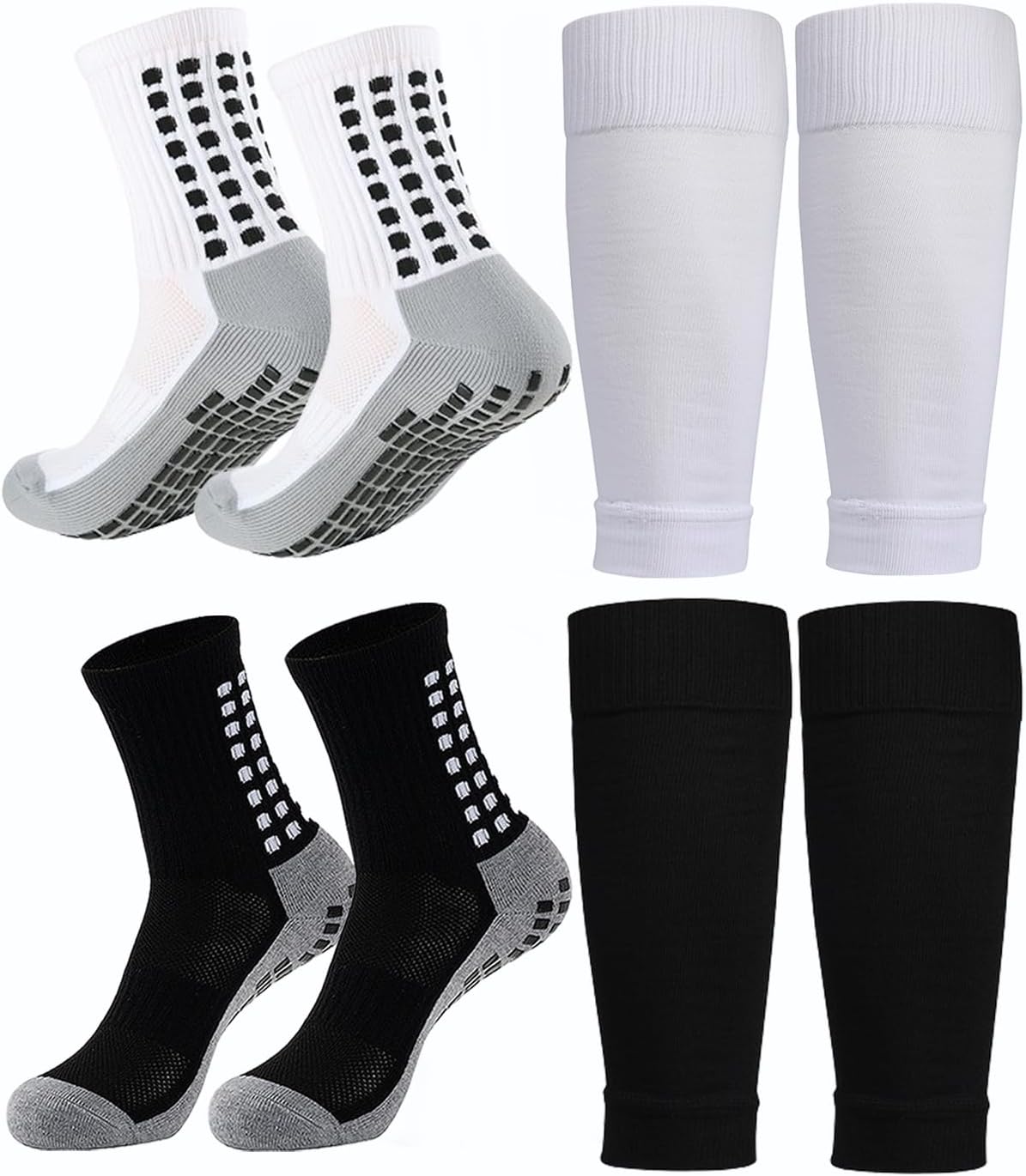KMOLY 1 Set Soccer Grip Socks,Shin Guard Sleeves for Football Basketball for Men and Women Black/White One Size