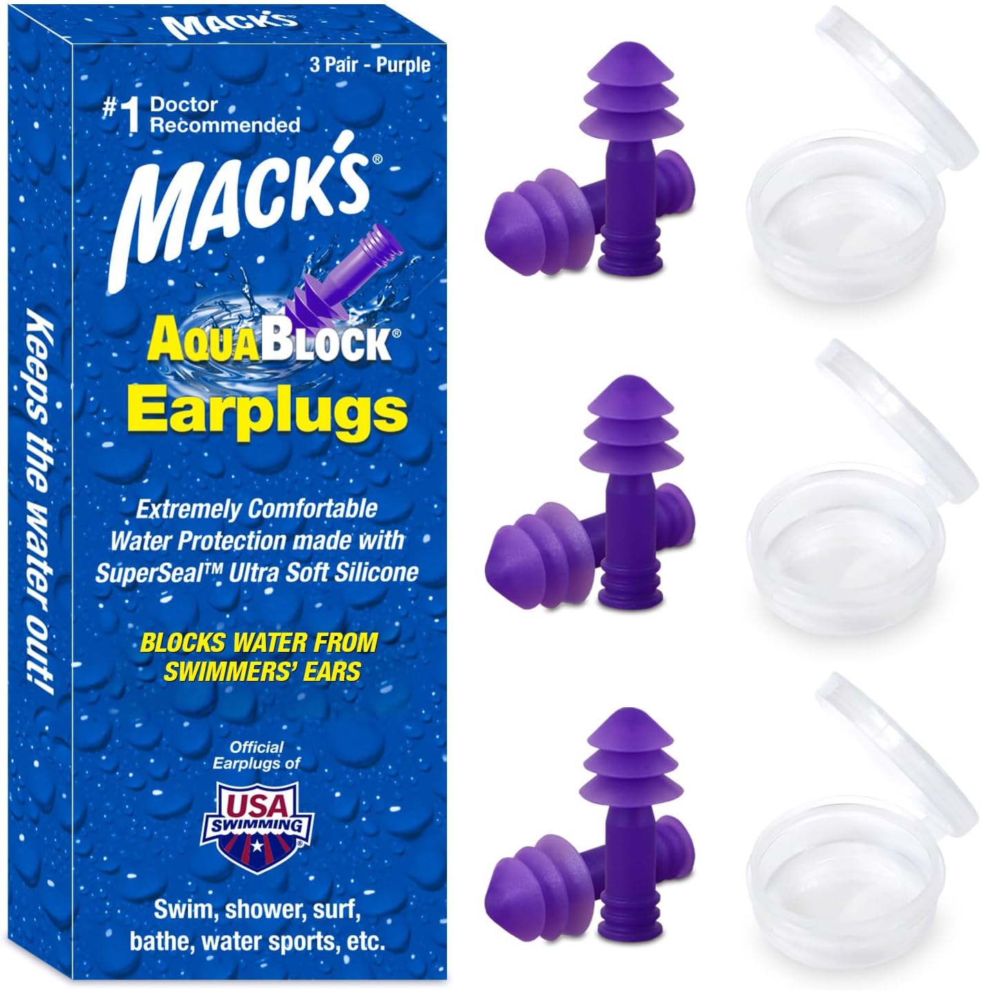 Mack's AquaBlock Swimming Earplugs, 3 Pair - Comfortable, Waterproof, Reusable Silicone Ear Plugs for Swimming, Snorkeling, Showering, Surfing and Bathing (Purple)