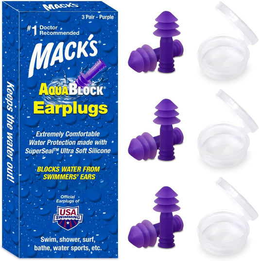 Mack's AquaBlock Swimming Earplugs, 3 Pair - Comfortable, Waterproof, Reusable Silicone Ear Plugs for Swimming, Snorkeling, Showering, Surfing and Bathing (Purple)