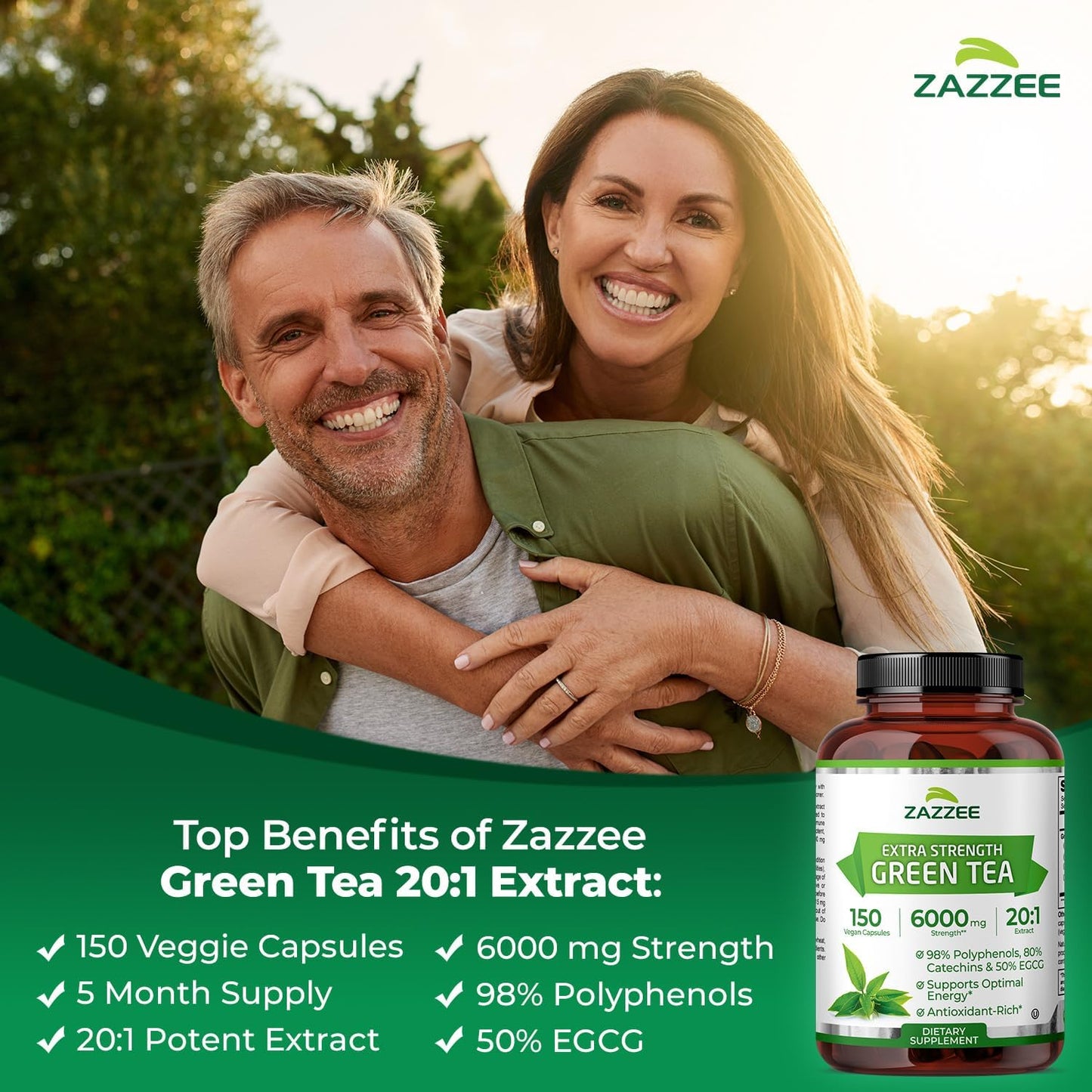 Zazzee Extra Strength Green Tea 20:1 Extract, 6000 mg Strength, 50% EGCG, 98% Polyphenols and 80% Catcehins, 150 Vegan Capsules, 5 Month Supply, Standardized and Concentrated 20X Potency, Non-GMO