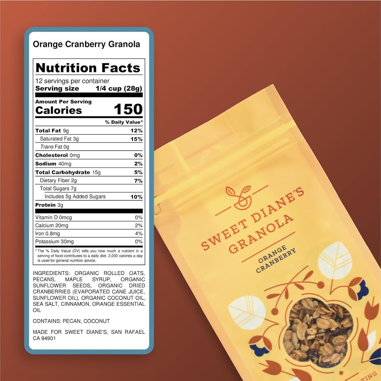 Sweet Diane’s Granola – Standard Size (12 oz): Organic, Low-Sugar, High-Fiber, Gluten-Free, Vegan, Delicious Breakfast and Snack Topper (Classic Size, Orange Cranberry)