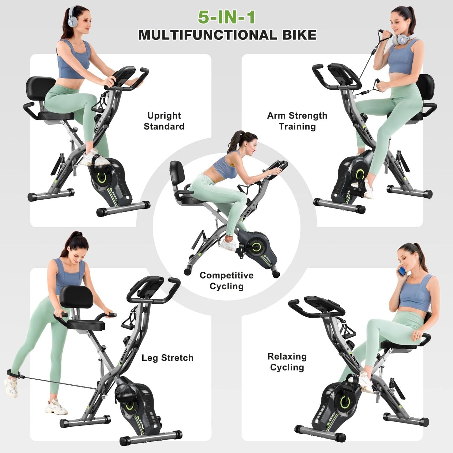 Exercise Bike, 5 in 1 Foldable Stationary Bike for Seniors, 16-Level Adjustable Magentic Resistance, Indoor Recumbent Bike with 330LB Capacity, Comfortable Seat Backrest