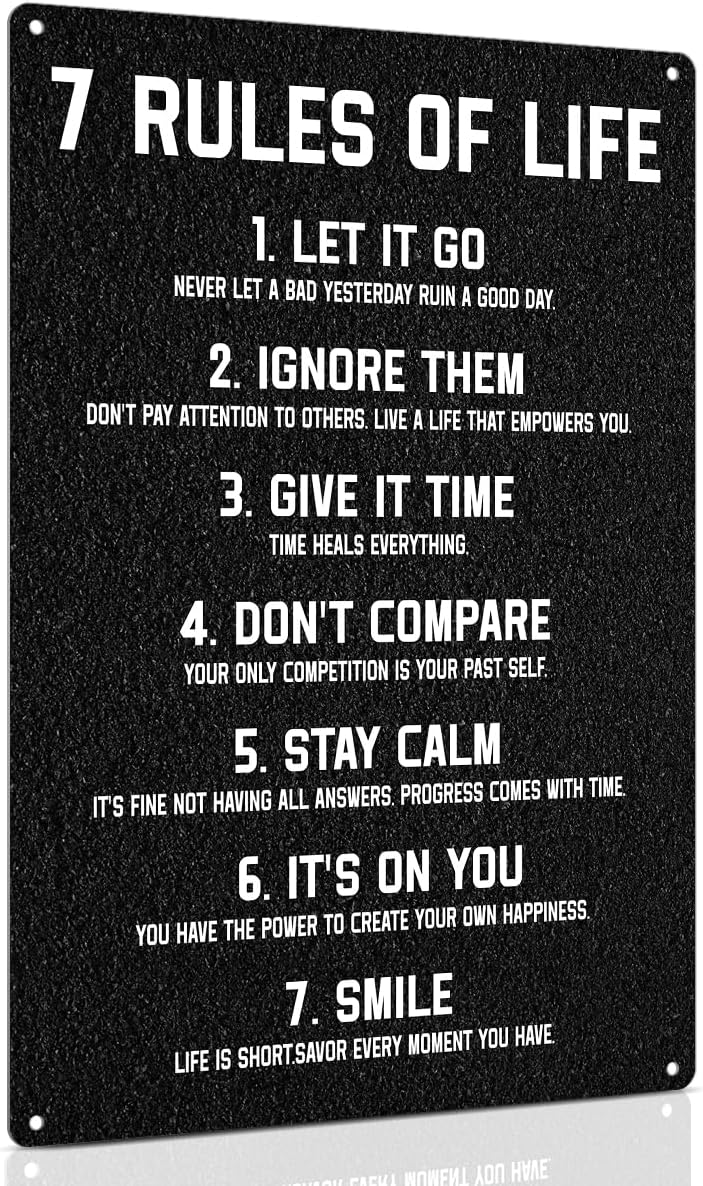 ALKB Inspirational Metal Sign for Teen Bedroom Decor - Motivational Wall Decor for Bedroom Office Girls, Boys, Teenager - 7 Rules of Life 8x12 Inch