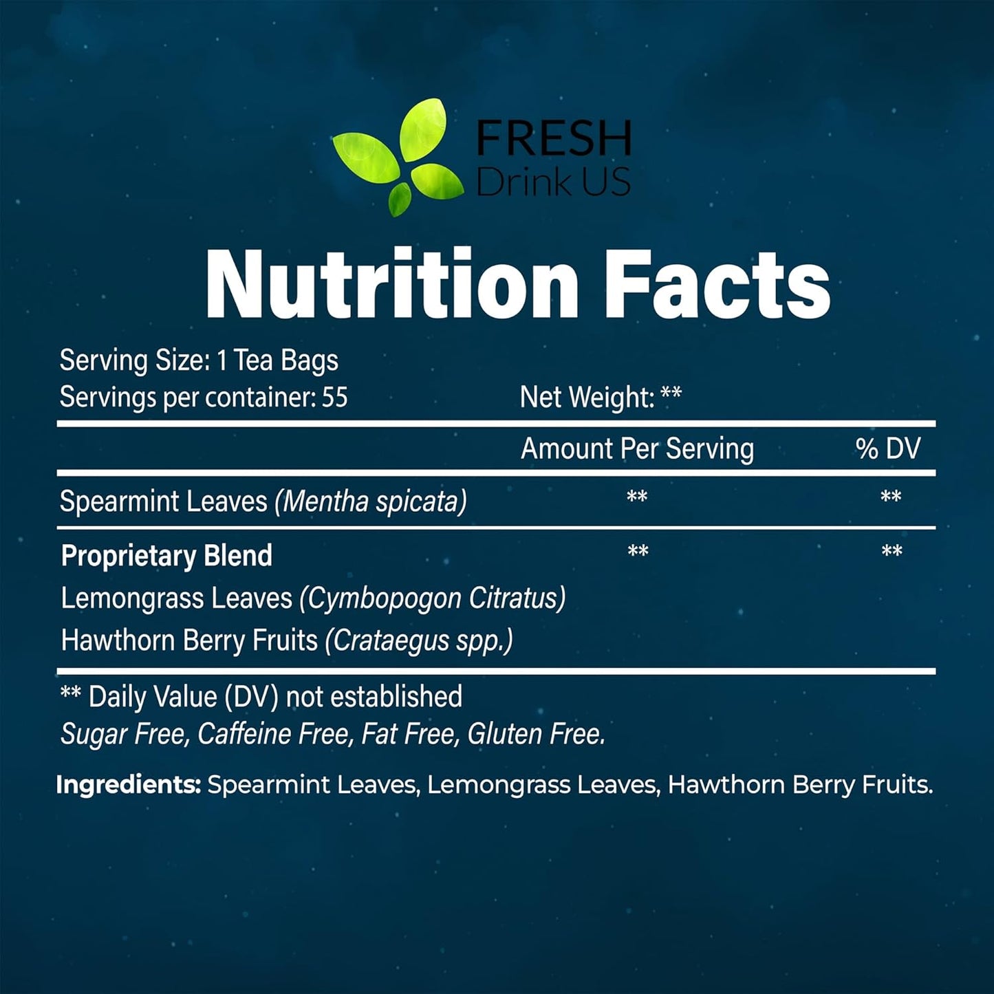 FreshDrinkUS, Premium 55 Tea Bags Better Sleep Herbal Tea | Caffeine-Free Loose Leaf Blend with Spearmint Leaves, Lemongrass Leaves, and Hawthorn Berry – Naturally Refreshing and Aromatic.