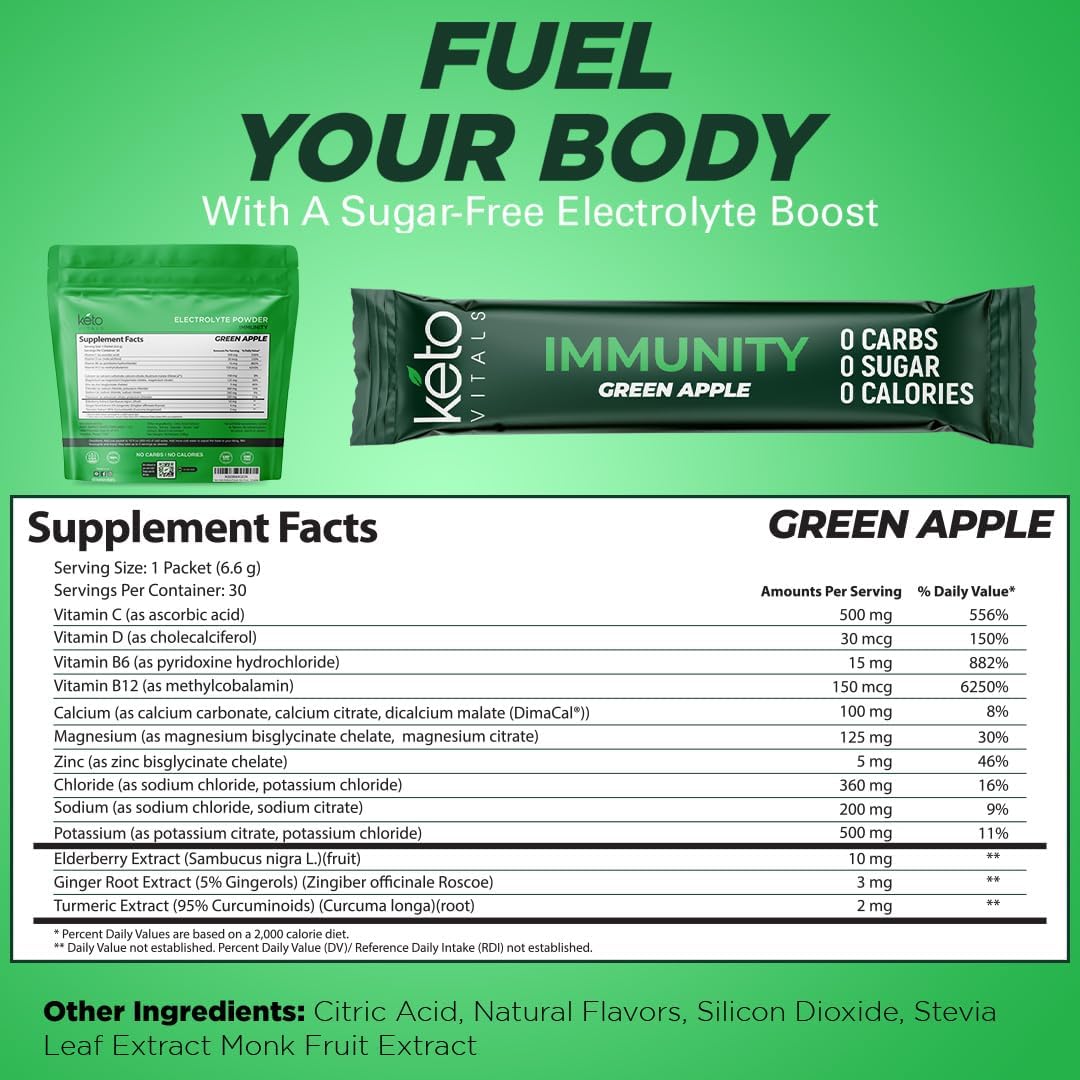Keto Vitals Immunity Sugar Free Electrolytes Powder with Vitamin C, Ginger, Turmeric, & Elderberry - Boost Your Immune System and Rehydrate Your Body - Green Apple Flavor, 30 Count
