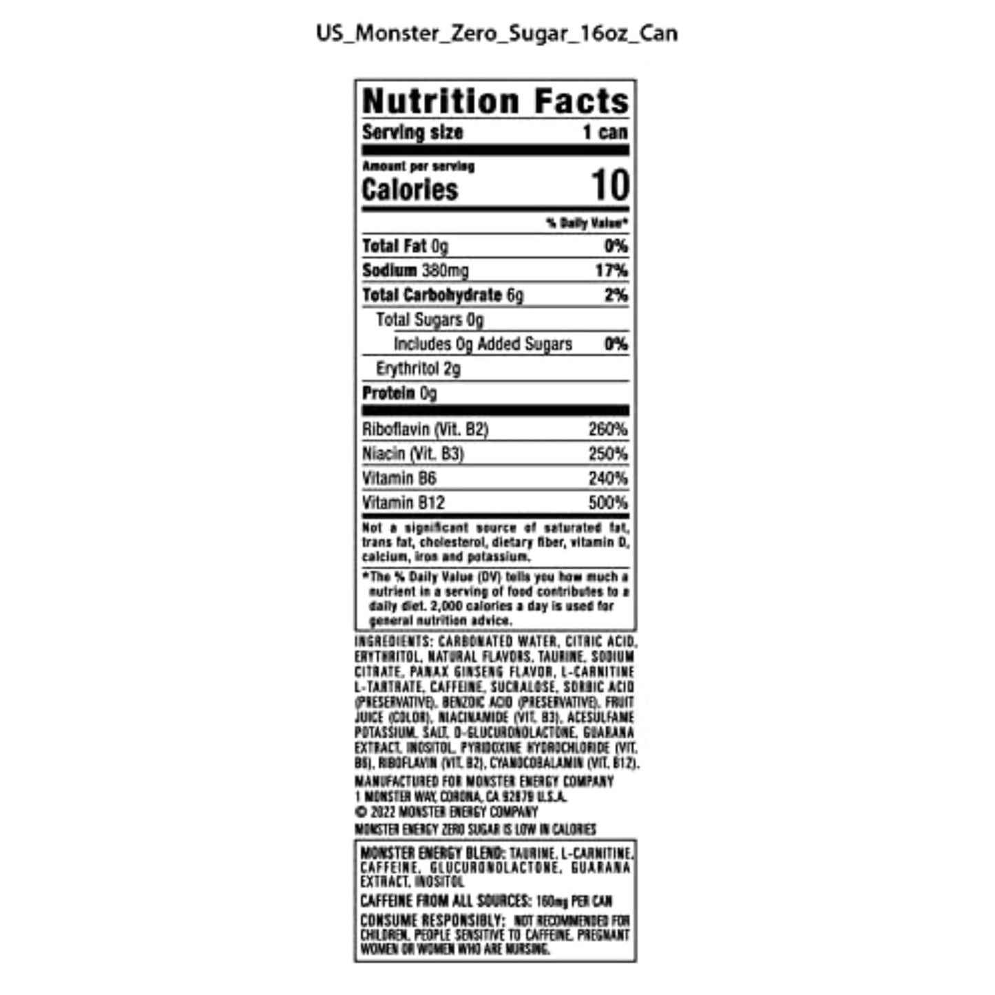 Monster Energy Zero Sugar, Green, Original, Low Calorie Energy Drink, 16 ounce (Pack of 15)