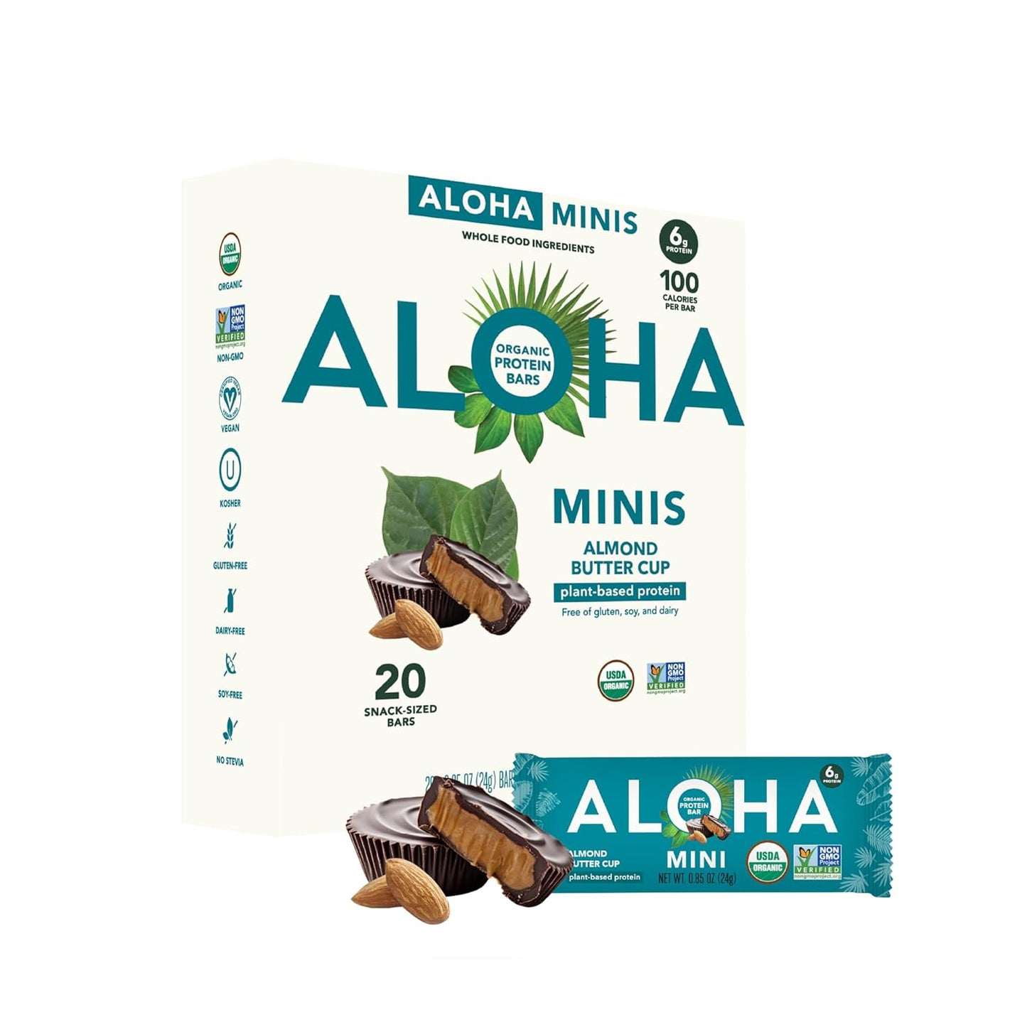 ALOHA Organic Plant Based Protein Bar MINIS | Almond Butter Cup | 20 Count, 24g Bars | Vegan, Low Sugar, Gluten Free, Low Carb, Non-GMO, Stevia Free, Soy Free, No Sugar Alcohols