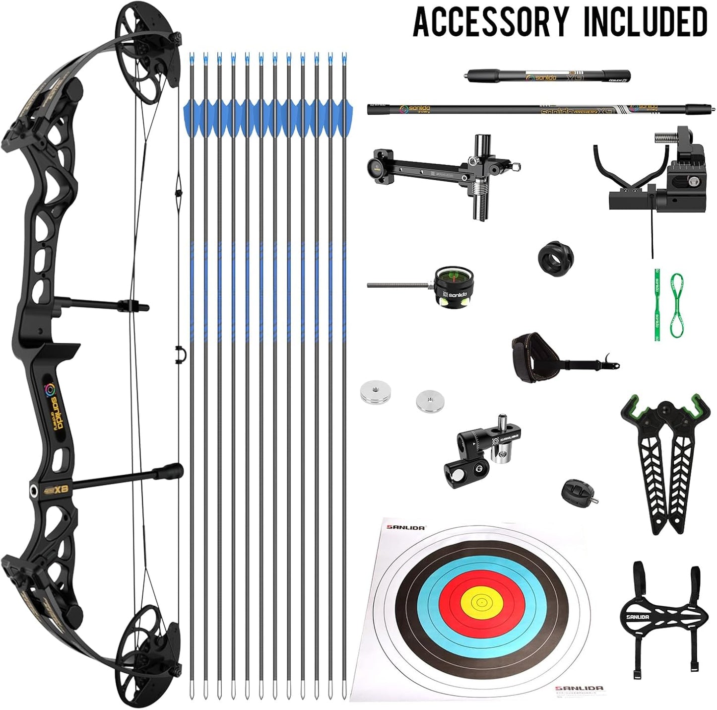 Sanlida Hero X8 Junior Professional- Grade Standard Target Compound Bow and Arrow Kit with Target Accessories for Competition for Juniors, Youths, Ladies/Limited Life-time Warranty/14-60Lbs