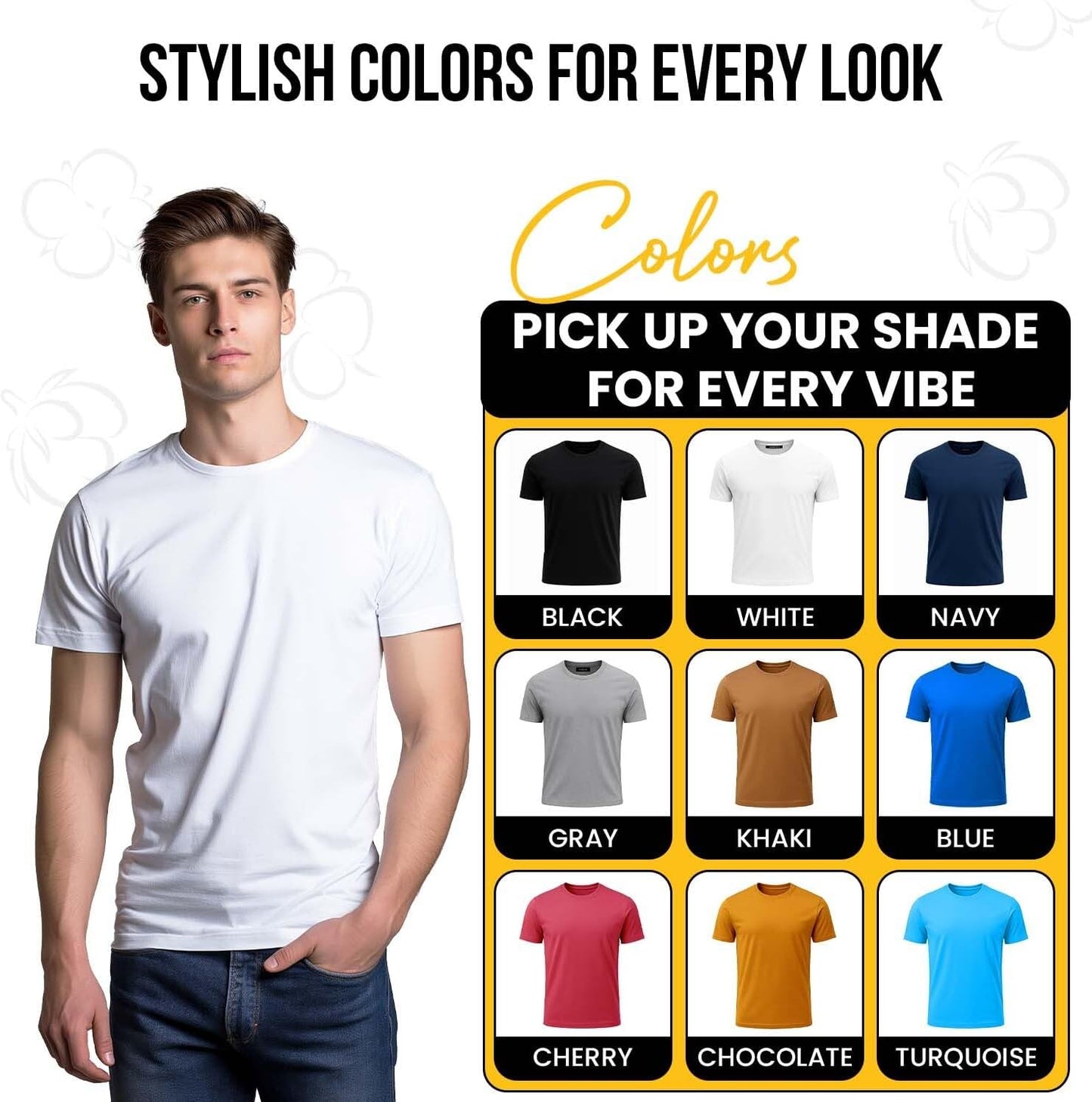 Men's Short Sleeve Crewneck T-Shirt 100% Cotton - Classic Colors - Breathable Mesh Fabric - Ideal for Sports & Everyday Wear