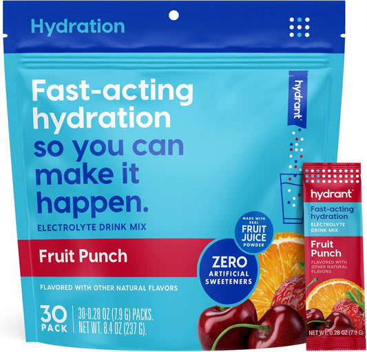 HYDRANT Hydrate, Individual Hydration Electrolyte Powder Stick Packets with No Artificial Sweeteners, Colors, or Fillers (Fruit Punch, 30 Pack)