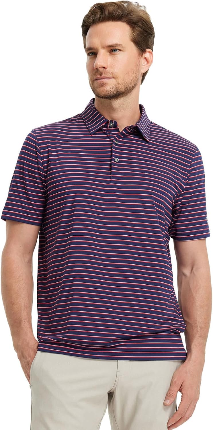 M MAELREG Golf Shirts for Men Moisture Wicking Striped Polo Performance Dry Fit Business Sports Mens Polo Shirts Short Sleeve