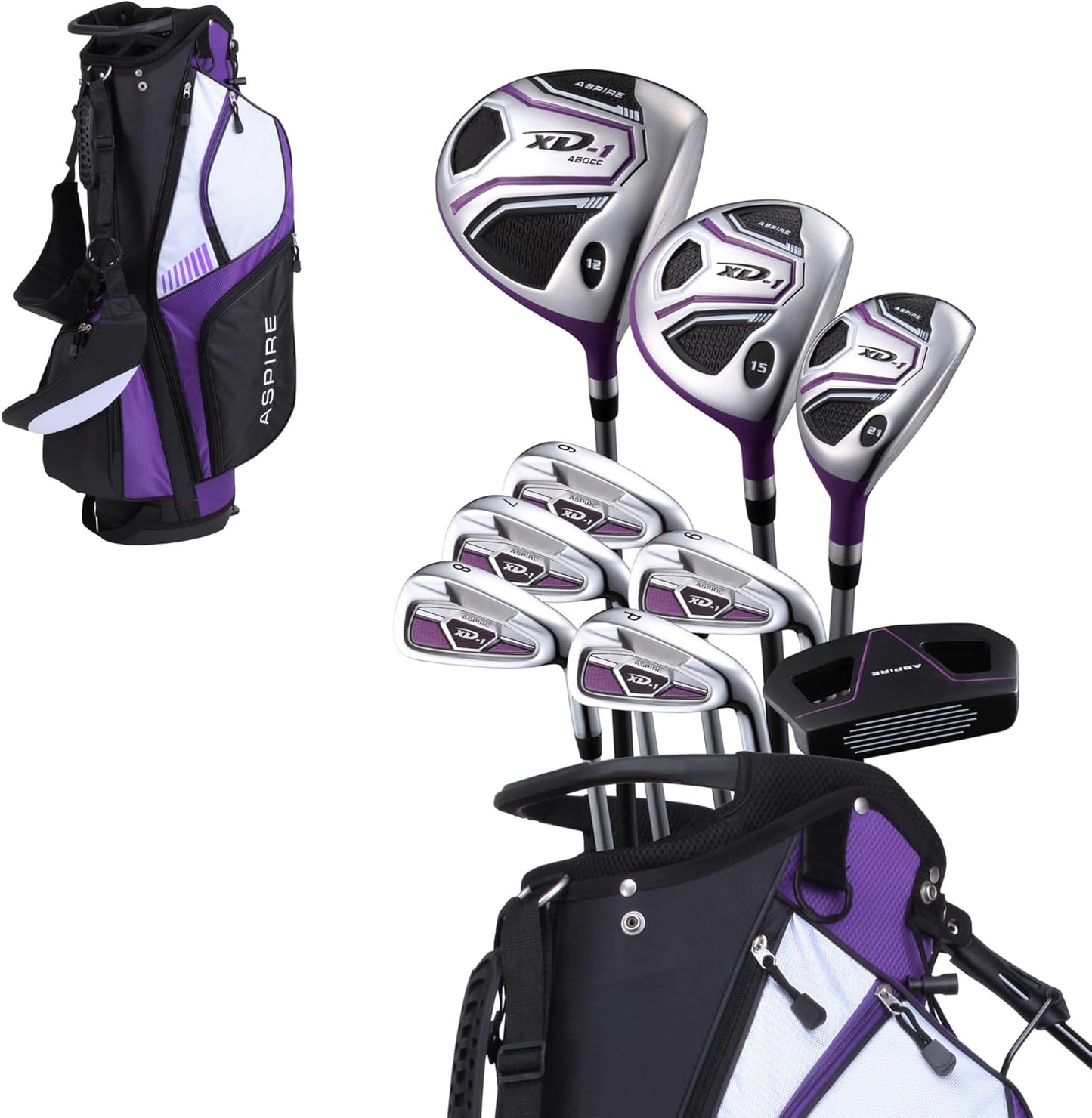 Aspire XD1 Womens Golf Clubs Full Set, Includes Driver, Fairway, Hybrid, 6-PW Irons, Putter, Stand Bag, 3 H/C's, Ultra-Light Graphite Shafts, Golf Clubs Women Right Handed, Comes in 3 Sizes, Purple