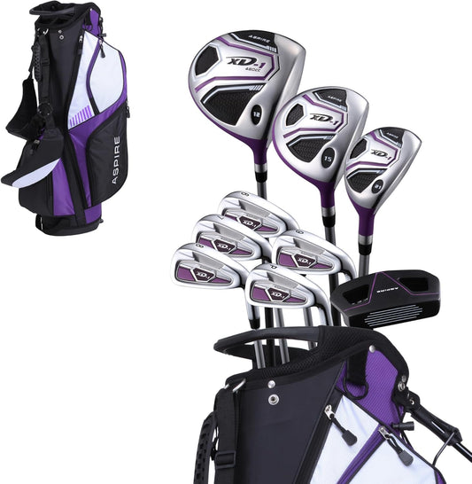 Aspire XD1 Womens Golf Clubs Full Set, Includes Driver, Fairway, Hybrid, 6-PW Irons, Putter, Stand Bag, 3 H/C's, Ultra-Light Graphite Shafts, Golf Clubs Women Right Handed, Comes in 3 Sizes, Purple