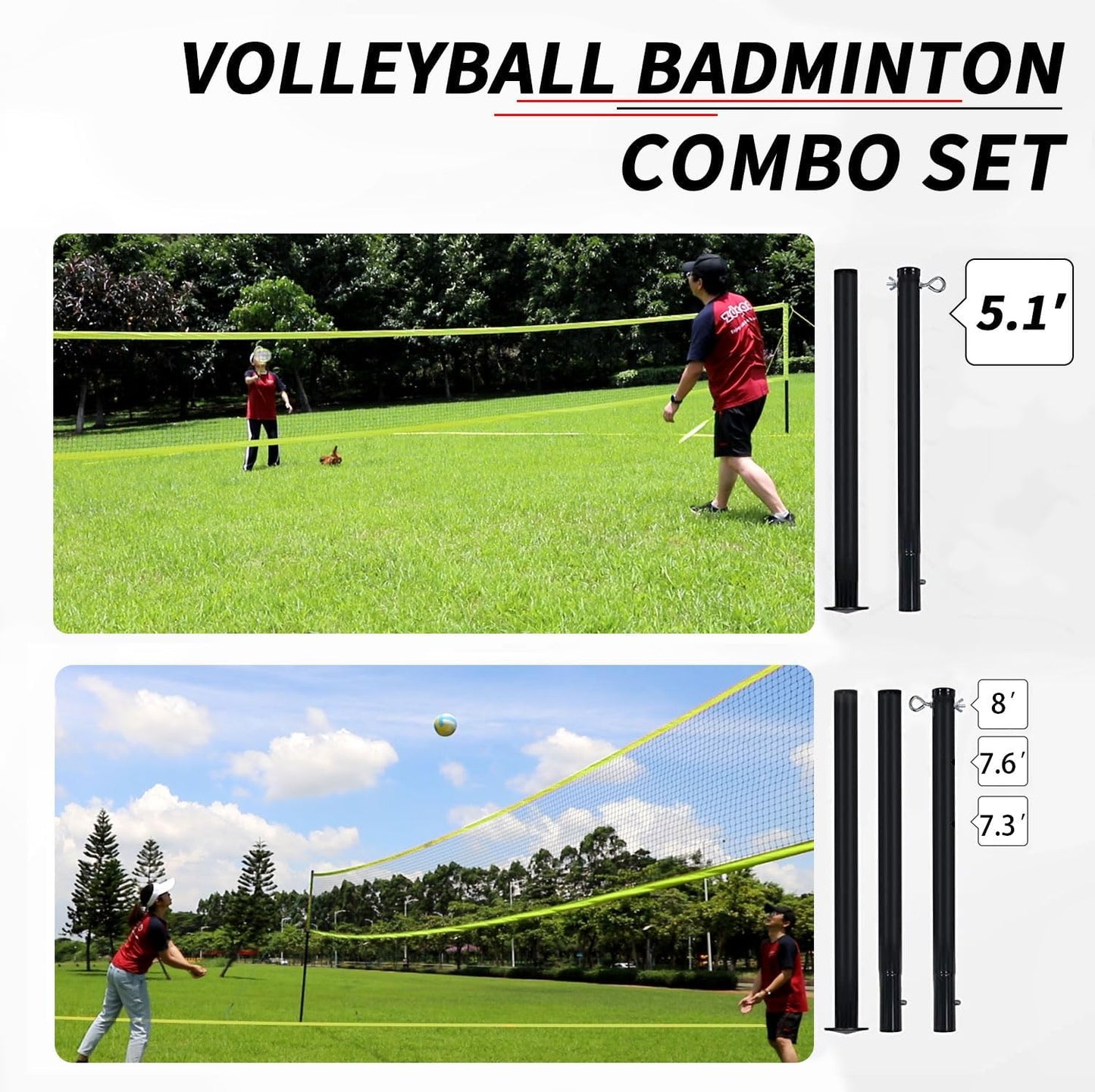 Badminton & Volleyball Combo Set- 32FT Adjustable Professional Volleyball Net for Lawn, Backyard, Easy Set up Volley ball Set with Volley ball,Badminton Racquets,Carry Bag,Boundary Line for Family Fun