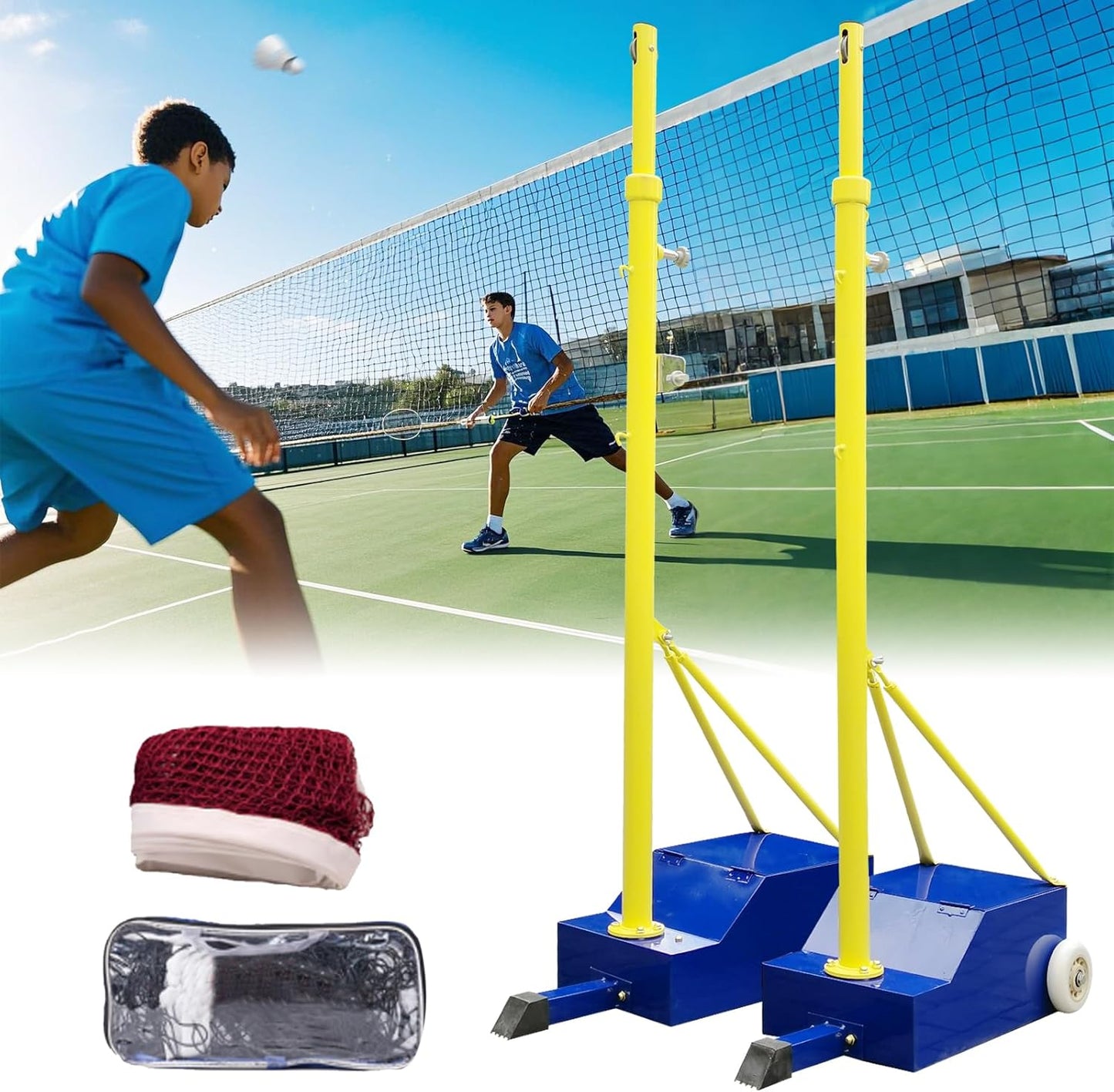 Volleyball Net Outdoor, Portable Volleyball Net Pole for Backyard, Badminton Net Set for Tennis with Wheels, Carry Bag,Volleybal/Badminton Poles & Net with Base Outdoor Training