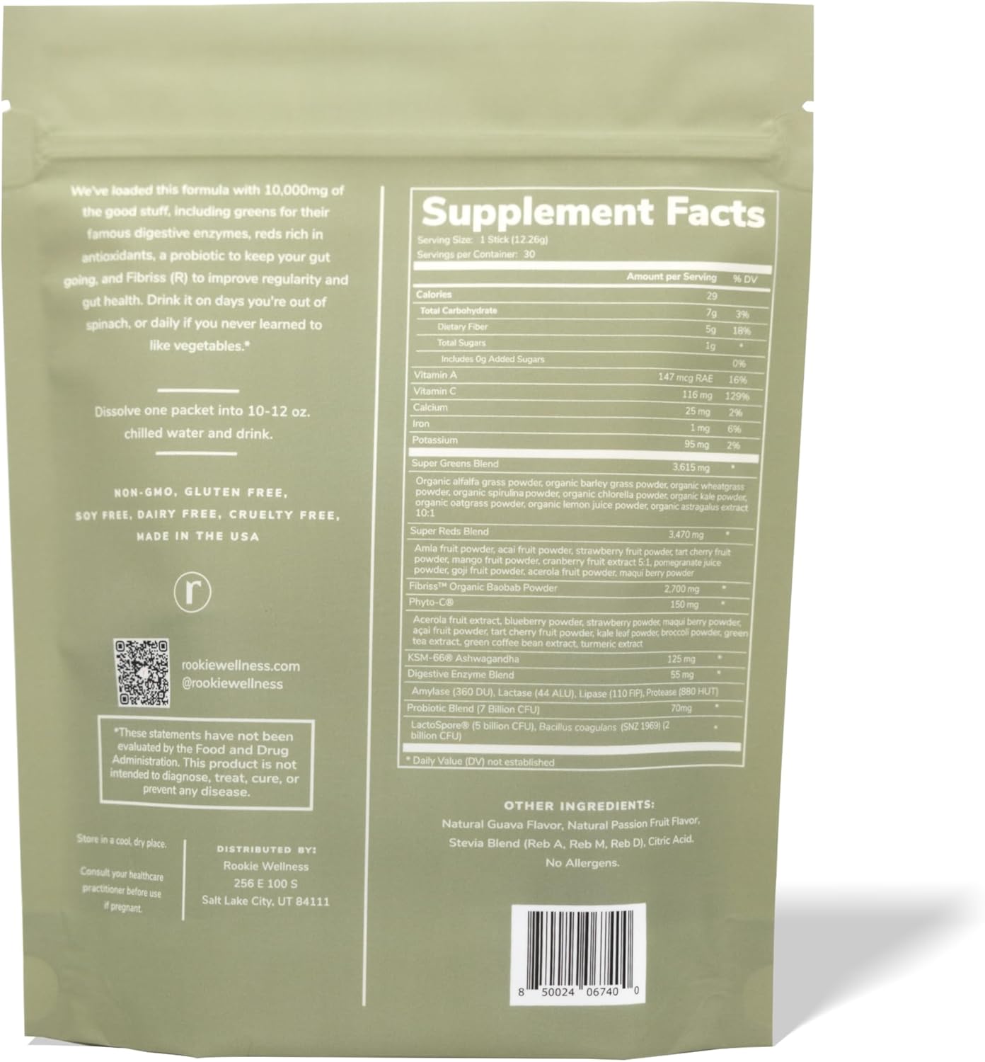 Rookie Wellness Greens + Superfoods - Greens Superfoods Powder Drink Made with Whole Food Sourced Ingredients Contains Vitamins, Probiotics, Antioxidants, and Baobab Fiber (30 Servings, Passion Guava)