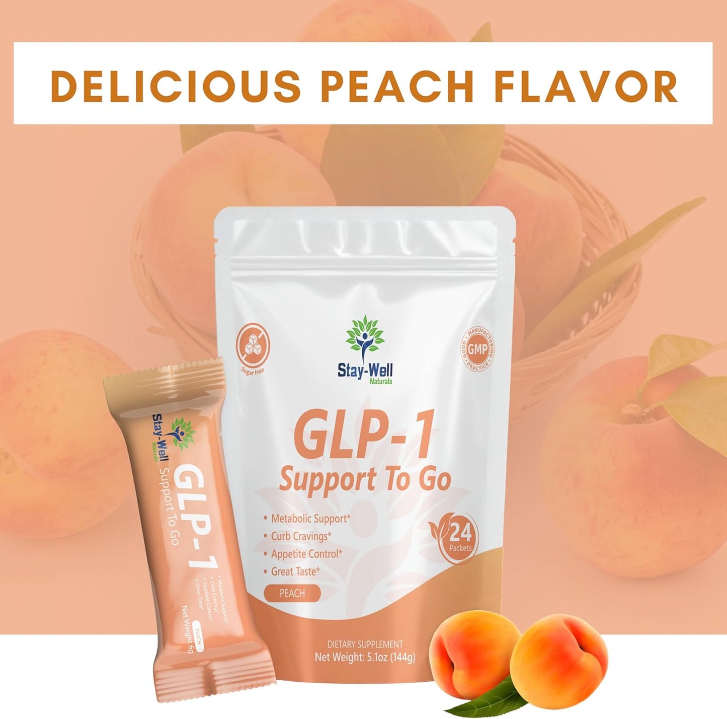 GLP-1 Supplement | Natural GLP-1 Production | GLP 1 Booster Drink Mix to Control Appetite and Cravings | Great Tasting Metabolic Support - Yerba Mate, Garcinia Cambogia, Berberine [Peach]