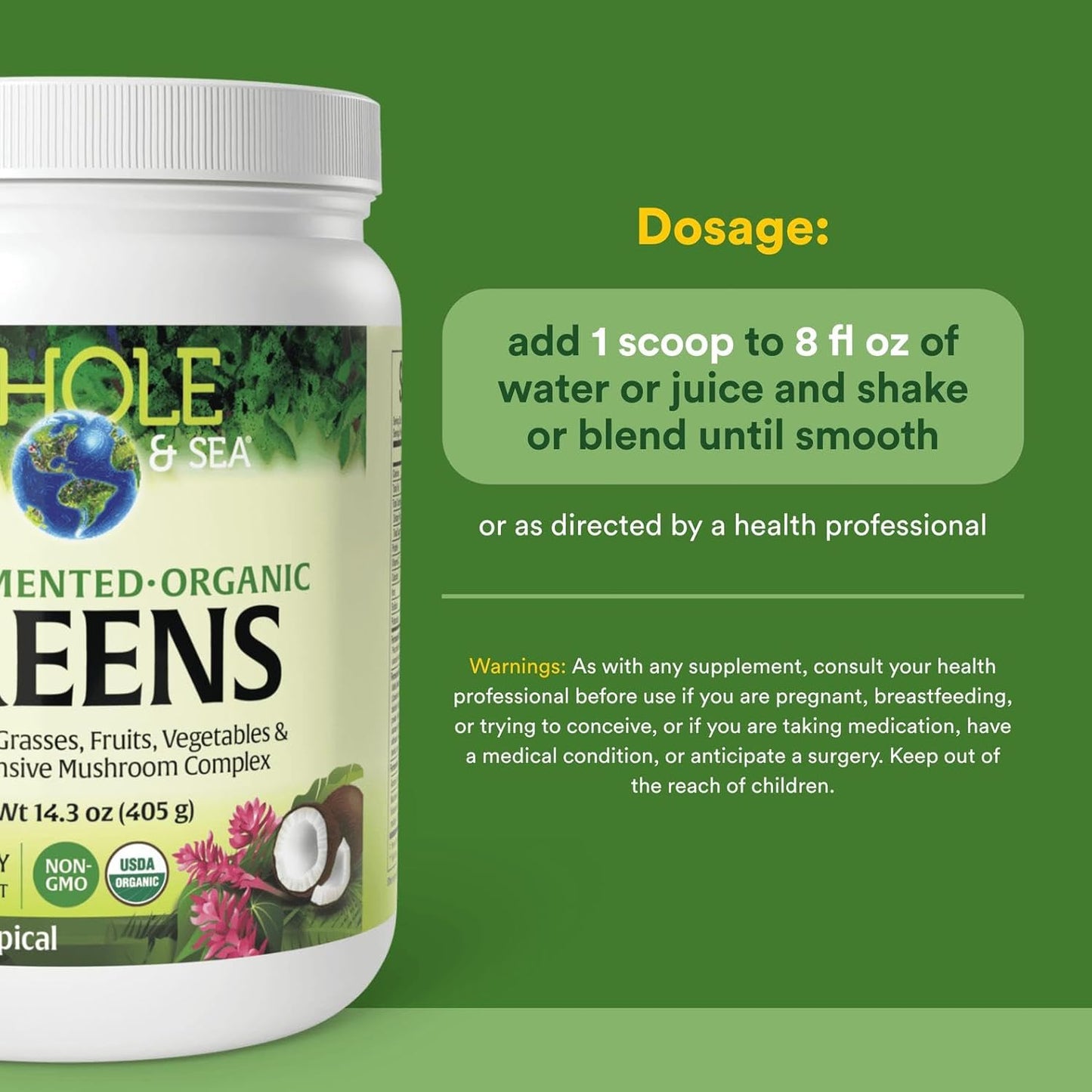 Whole Earth & Sea from Natural Factors, Organic Fermented Greens, Vegan Whole Food Supplement, Tropical, 14.3 Oz