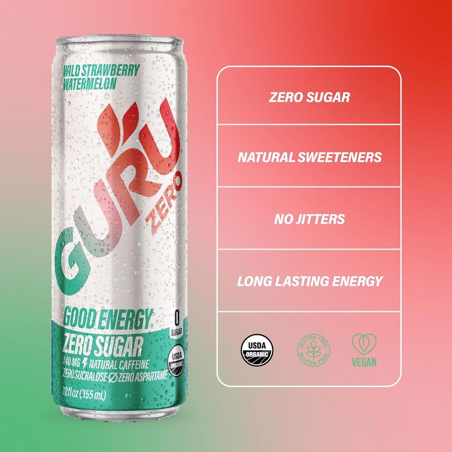 GURU ZERO SUGAR Wild Strawberry Watermelon Organic Energy Drinks, Clean Energy Drink with Plant Based Natural Caffeine from Green Tea, Coconut Water, Prebiotic, Zero Added sugars, Gluten Free and Vegan, Pre Workout, Healthy Drinks, 12oz (Pack of 24)