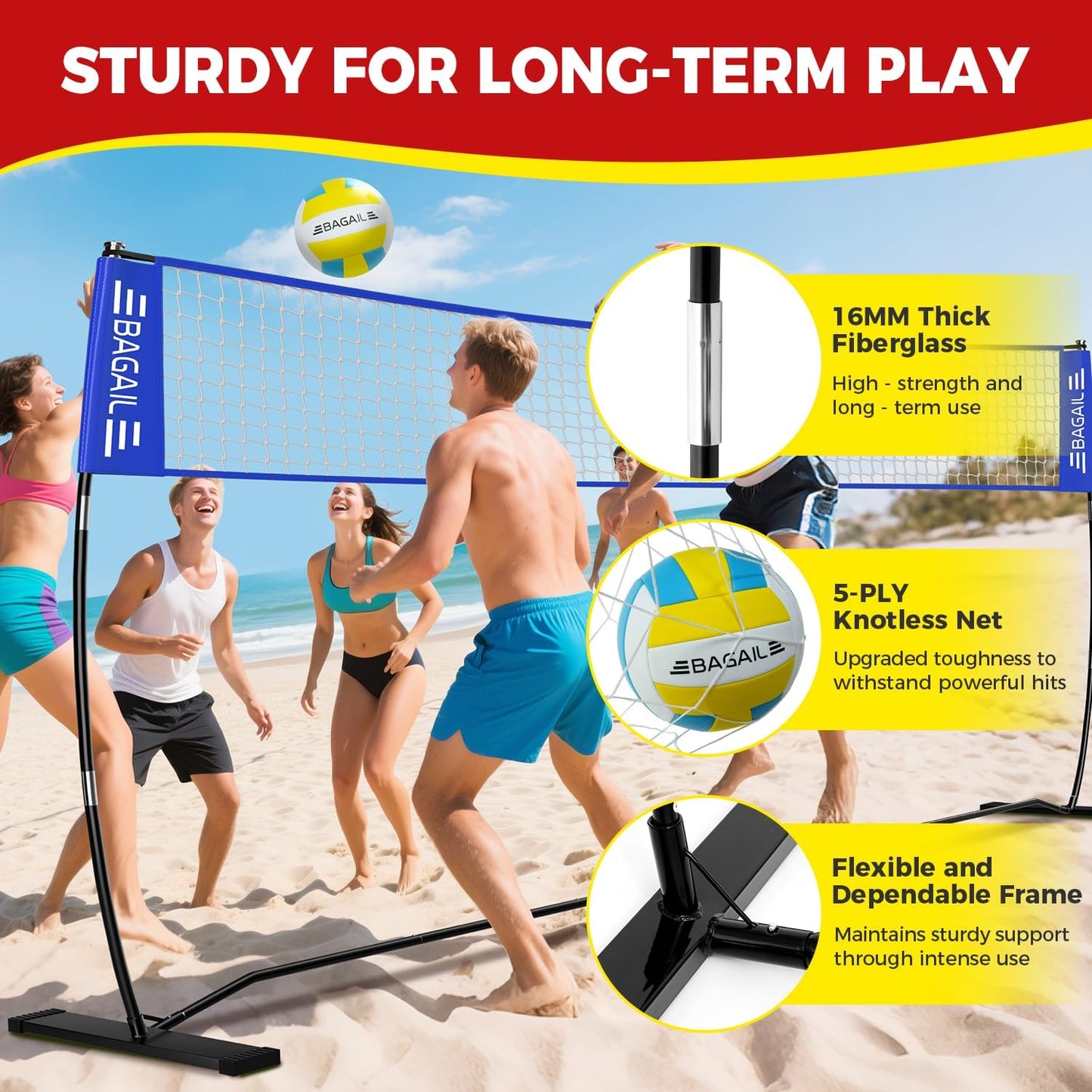 BAGAIL Volleyball Net, 12ft/20ft Portable Volleyball Net for Backyard - Adjustable Height, Heavy-Duty Frame, Freestanding Design - Portable Outdoor/Indoor Volleyball Set with Carry Bag