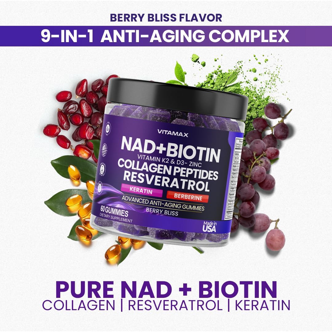 NAD+, Resveratrol, Berberine, & Biotin Anti-Aging Gummy - Hair, Skin, Nails & Joint Supplement - Collagen Peptides, Keratin, Zinc, Vitamin K2 & D3 Gummies -Regeneration- Non-GMO - Made in USA 60 Count
