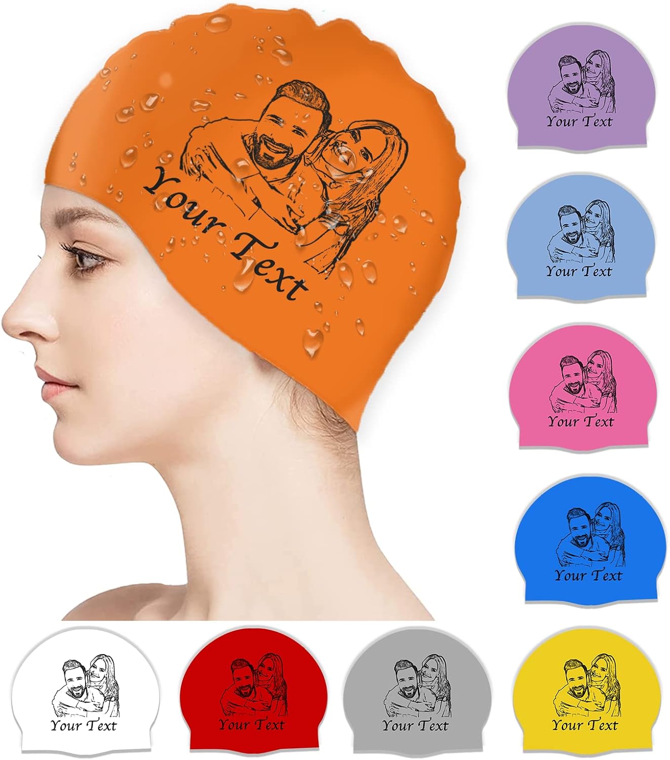 Custom Swim Cap with Photo Personalized Silicone Swim Cap for Men and Women Swimming Customized Swimmers Cap for Short and Medium Length Hair