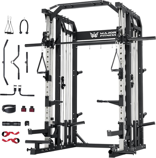 Major Fitness Drone2 Smith△ Machine – All-in-One Home Gym Squat Rack with Weight Bar, Dual LAT Pull-Down Systems & Cable Crossover Machine for Full-Body Workouts
