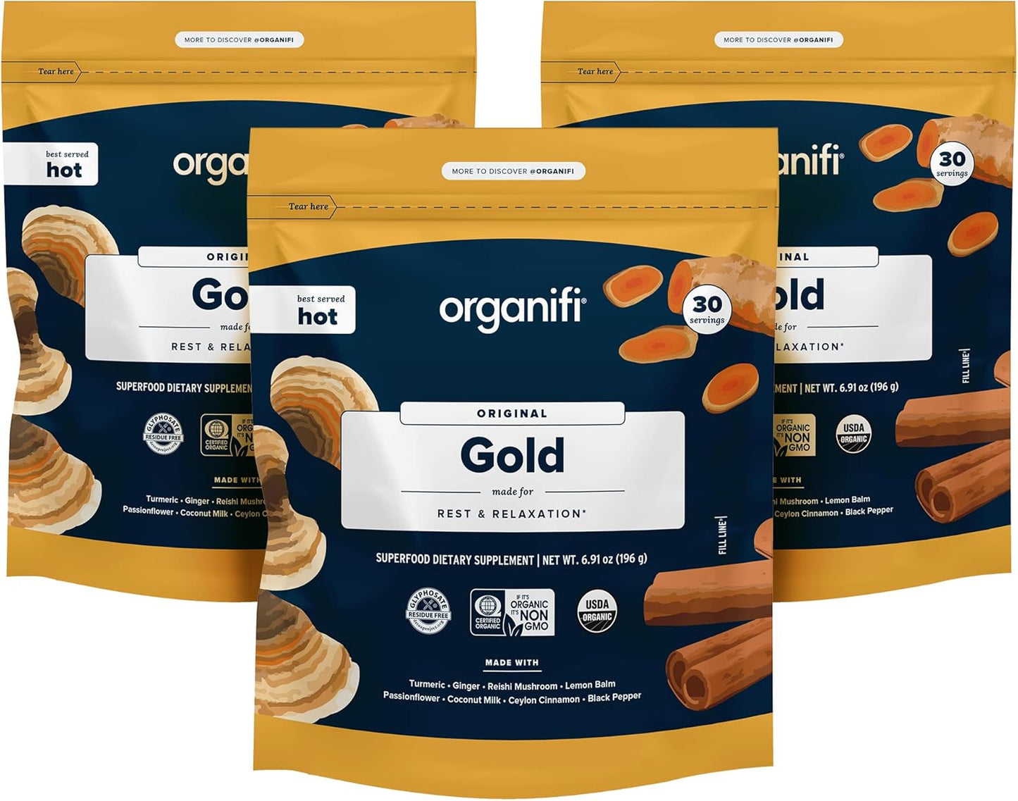 Organifi: Gold - Superfood Supplement Powder- 90 Servings (3 Pack) - Stress Support, Better Rest, Relaxation and Promotes Restful Sleep - Turmeric and Reishi Infused