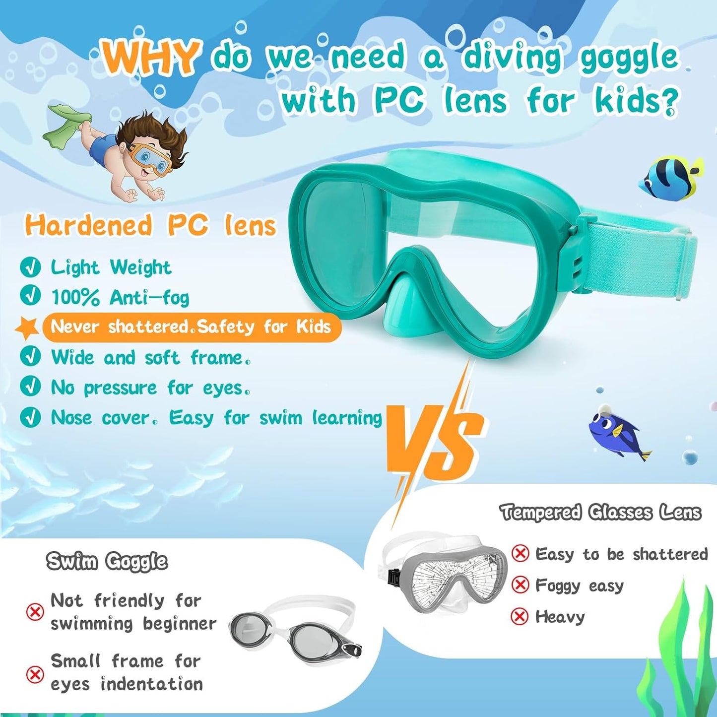 Kids Swim Goggles 180° Snorkel Diving Mask with Nose Cover, Anti-Fog Kids Swimming Goggles with Elastic Fabric Strap for Kids Boys Girls