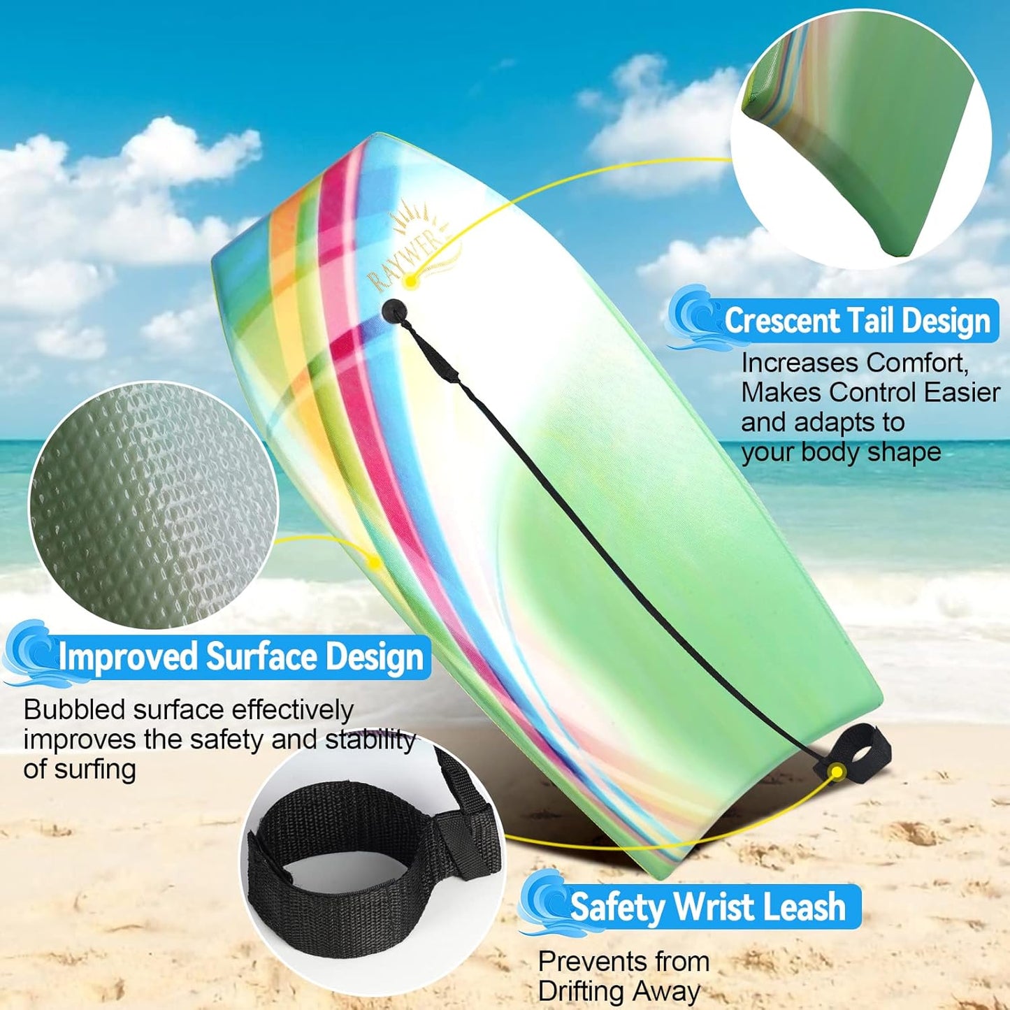 Body Board Lightweight with EPS Core, HDPE Slick Bottom, Leash & Adjustable Wrist Rope, Great Surfing for Kids and Adults