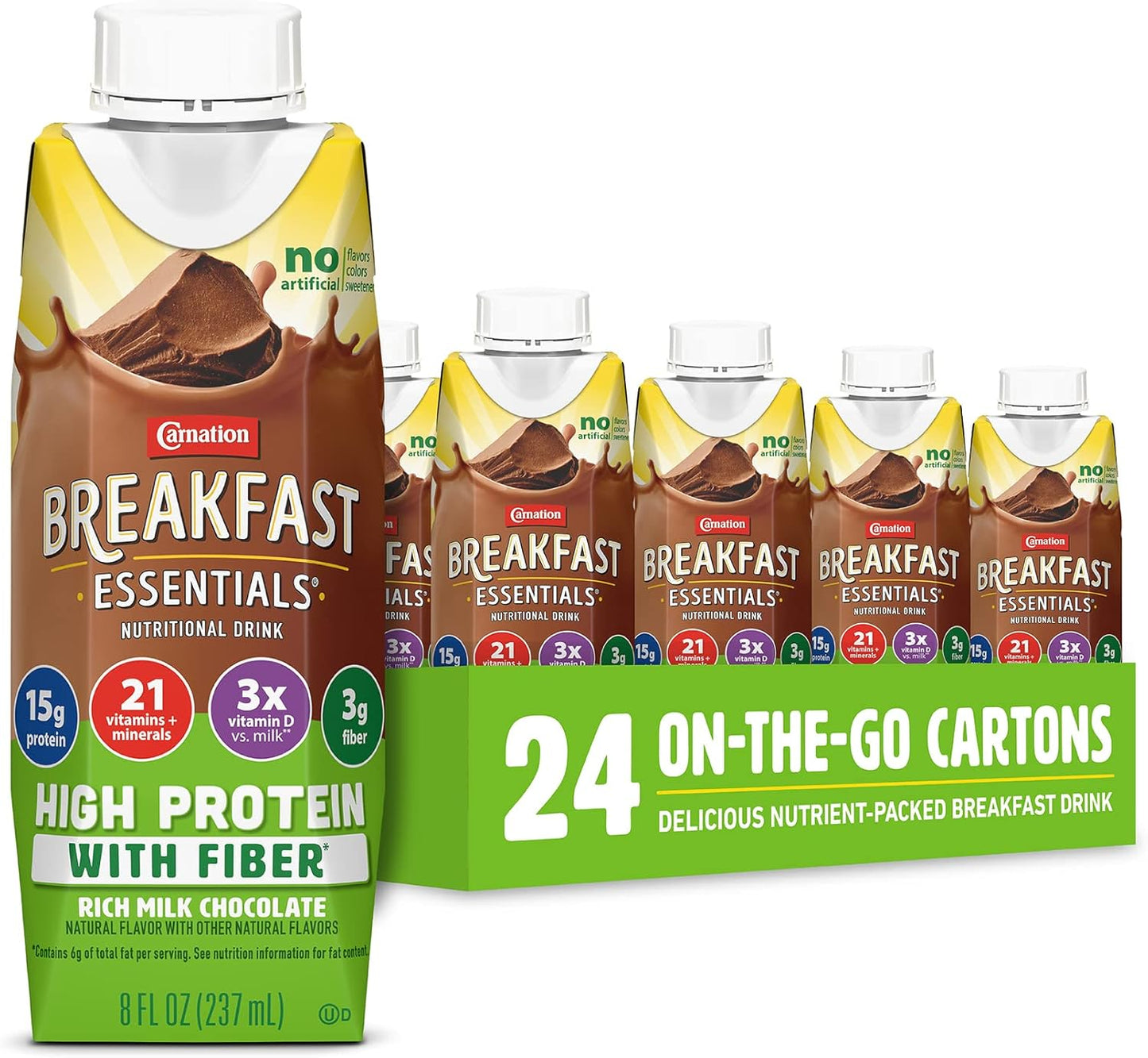 Carnation Breakfast Essentials High Protein with Fiber Ready-to-Drink, 8 FL OZ Carton, Rich Milk Chocolate (Pack of 24)